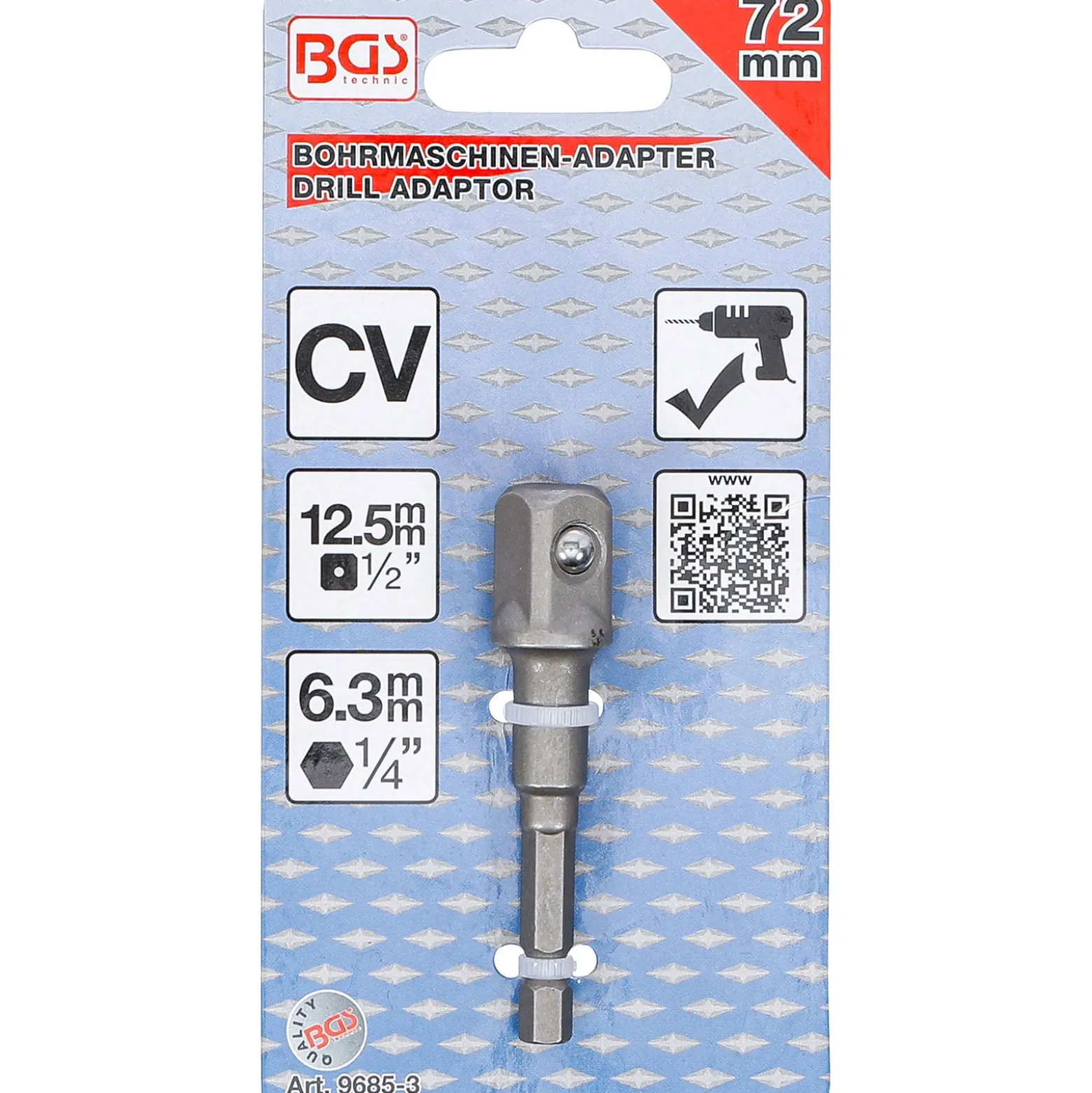 BGS Adapter für Bohrmaschinen Antrieb Außensechskant 6,3 mm (1/4") / Abtrieb Außenvierkant 12,5 mm (1/2") - 9685-3