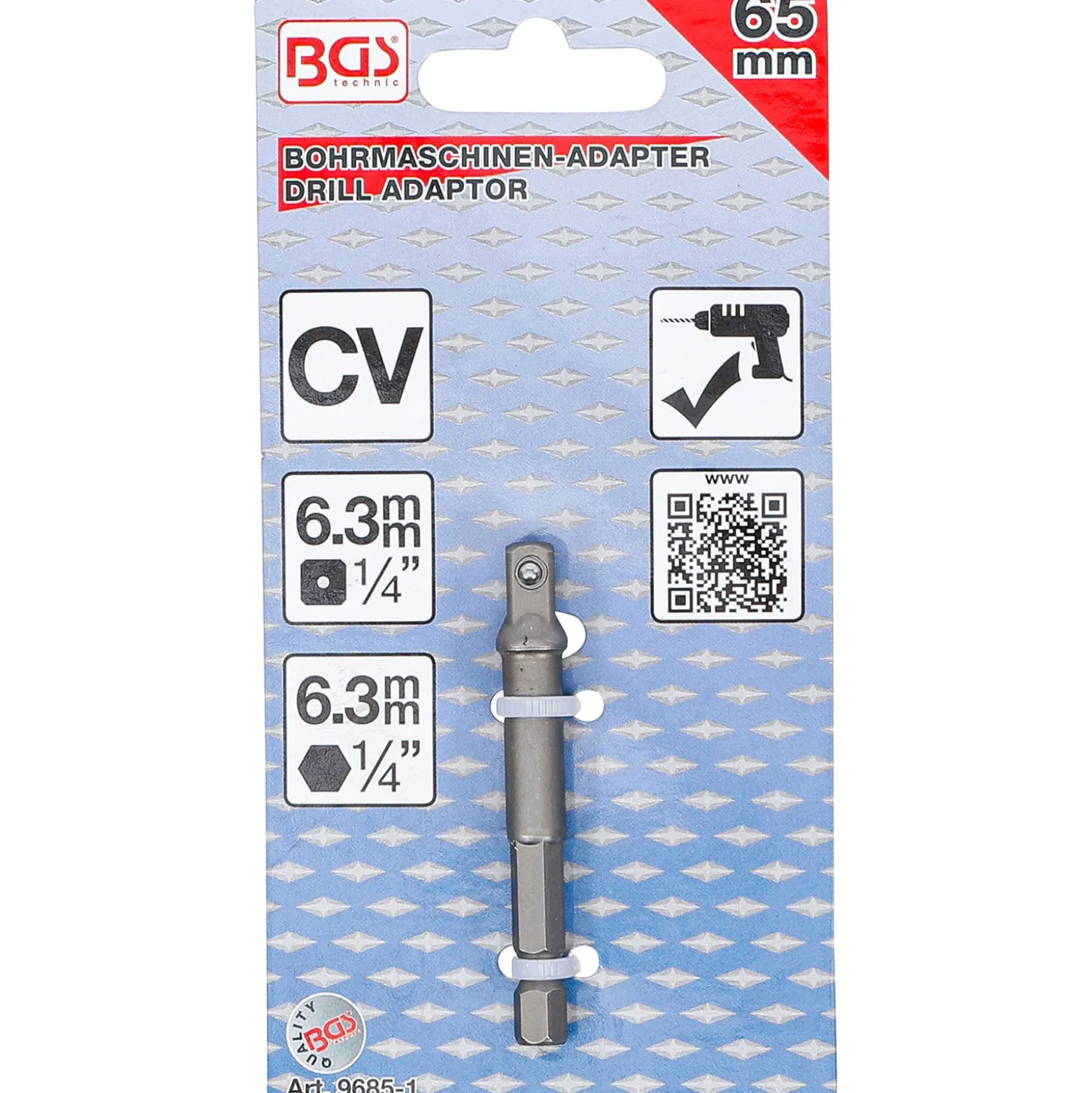 BGS Adapter für Bohrmaschinen Antrieb Außensechskant 6,3 mm (1/4") / Abtrieb Außenvierkant 6,3 mm (1/4") - 9685-1