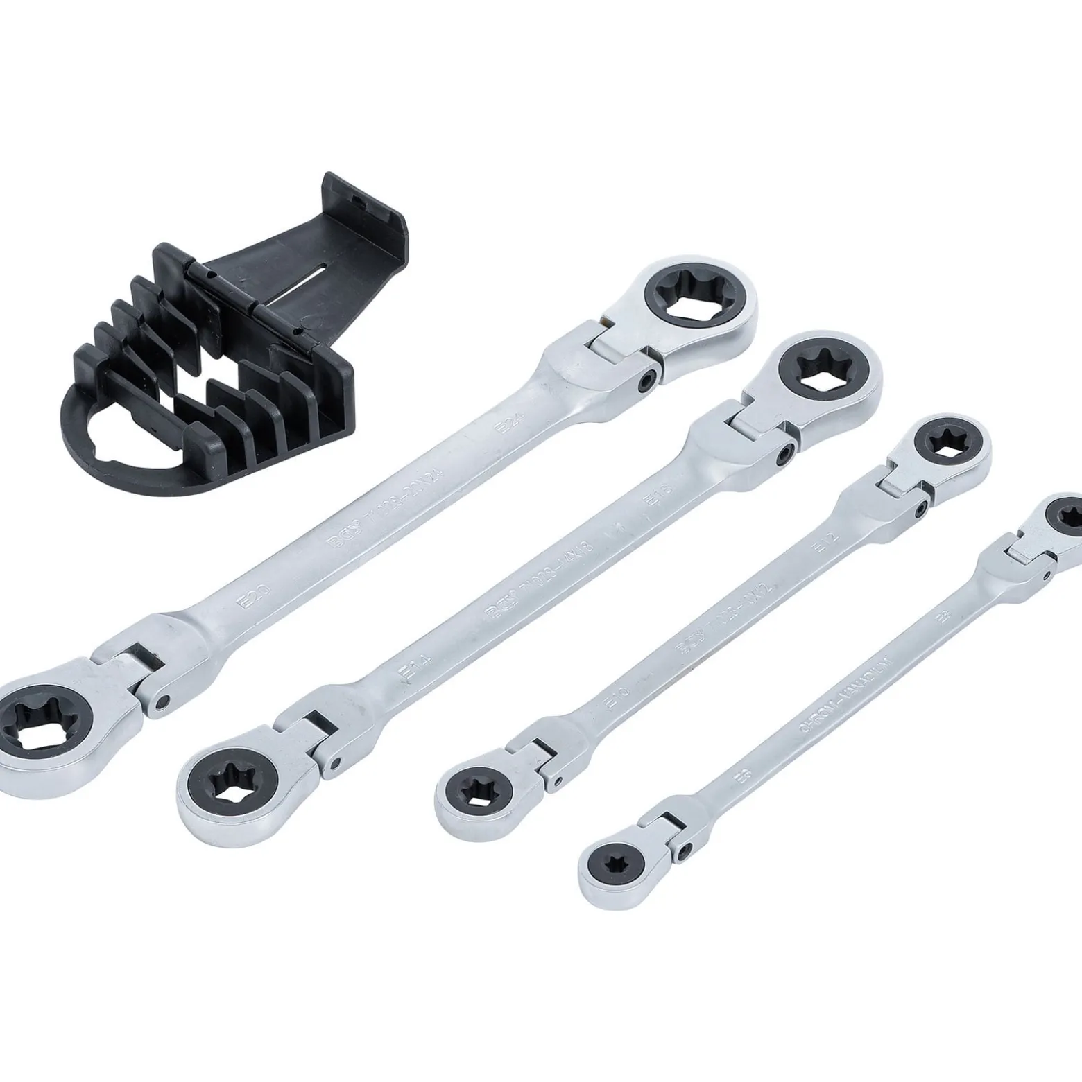 BGS Doppel-Ratschen-Ringschlüssel-Satz abwinkelbar mit E-Profil Ringköpfen SW E6 – E24 mm 4tlg. - 71028