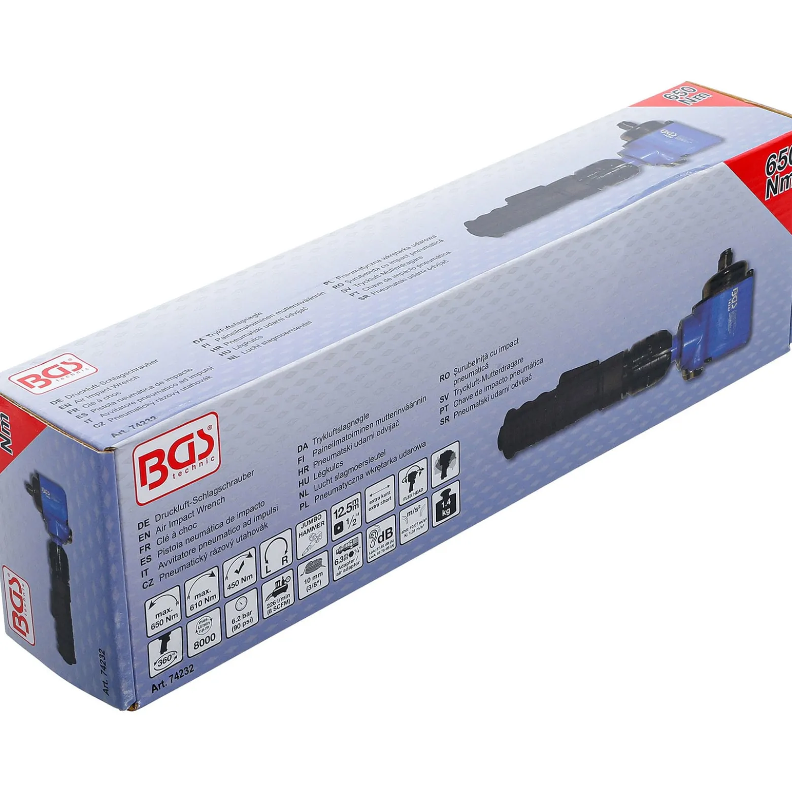 BGS Druckluft-Schlagschrauber abgewinkelt mit dreh- und neigbarem Kopf 12,5 mm (1/2") 650 Nm - 74232