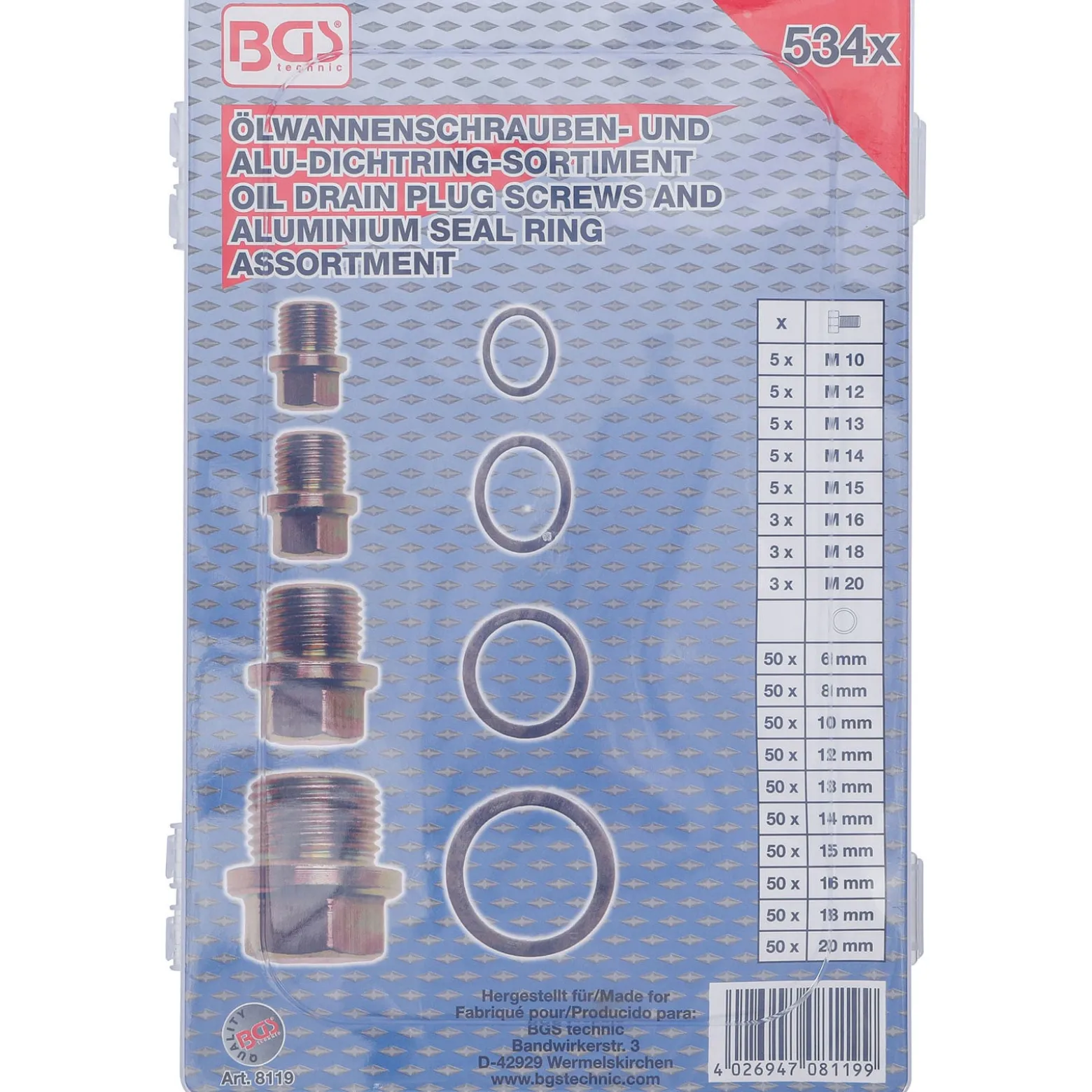 BGS Ölwannenschrauben- und Alu-Dichtring-Sortiment 534tlg. - 8119