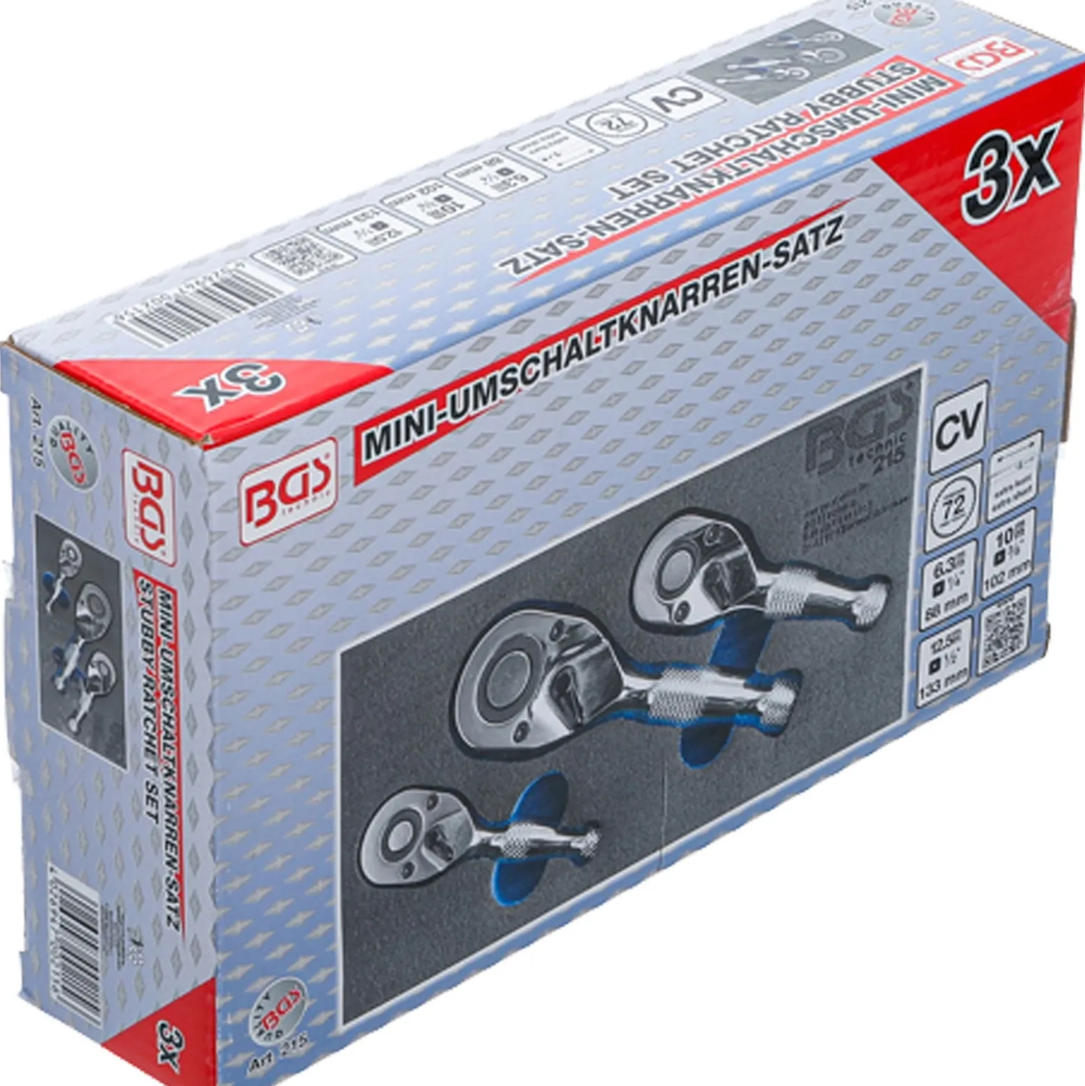 BGS Mini-Umschaltknarren-Satz 6,3 mm (1/4") / 10 mm (3/8") / 12,5 mm (1/2") 3tlg. - 215