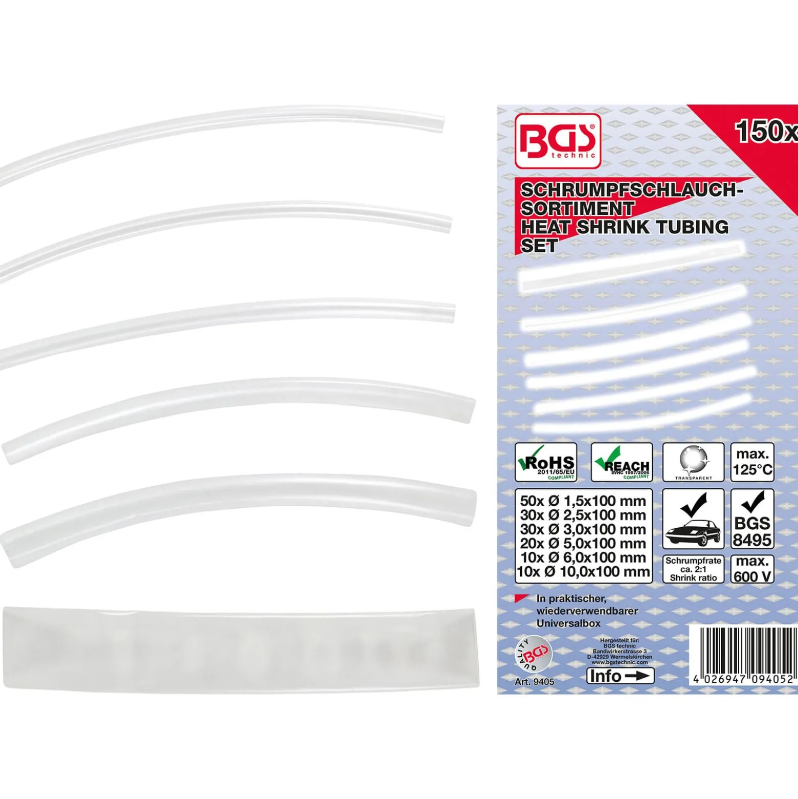 BGS Schrumpfschlauch-Sortiment transparent 150tlg. - 9405