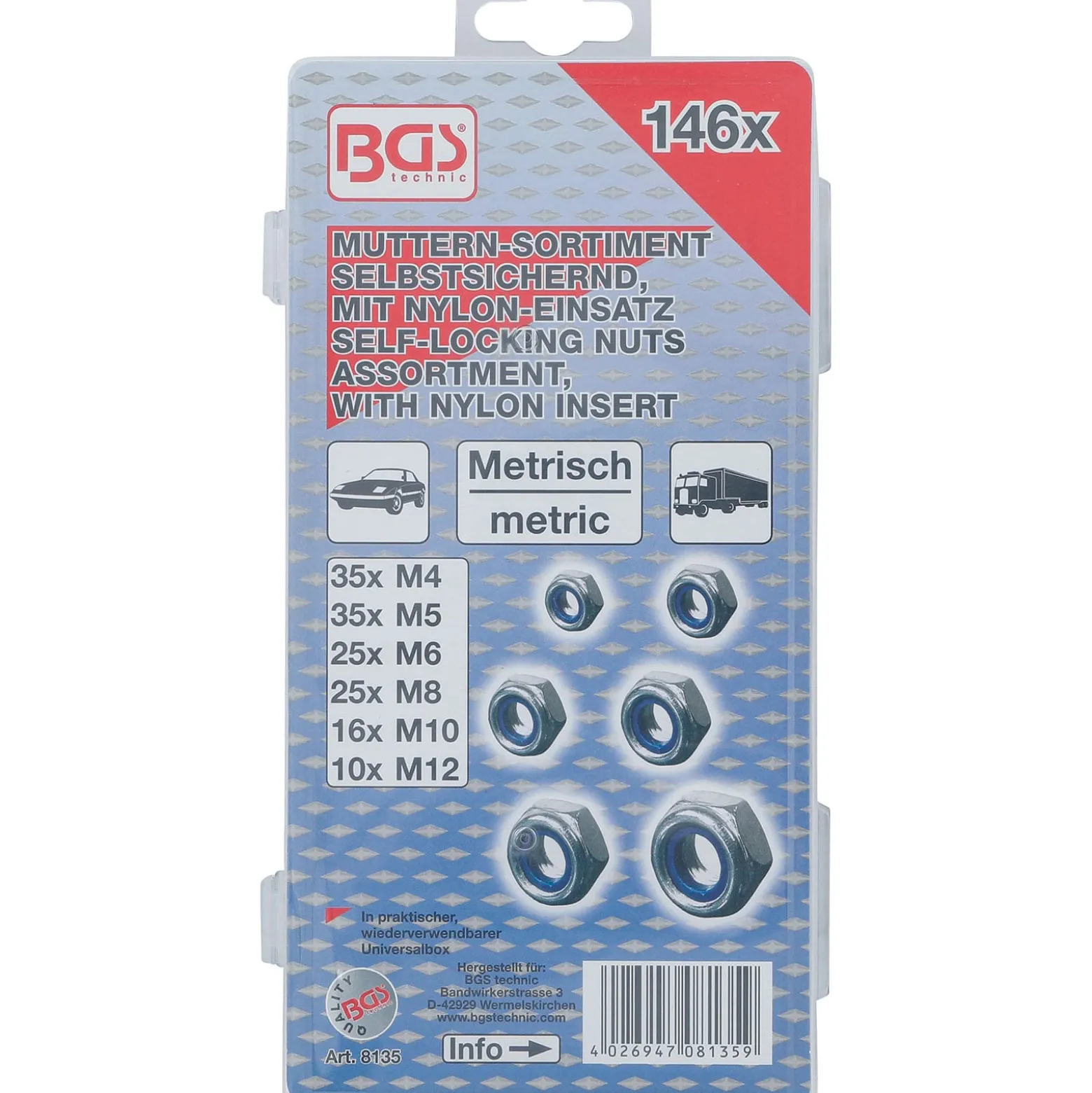 BGS Sechskant-Muttern-Sortiment selbstsichernd 146tlg. - 8135