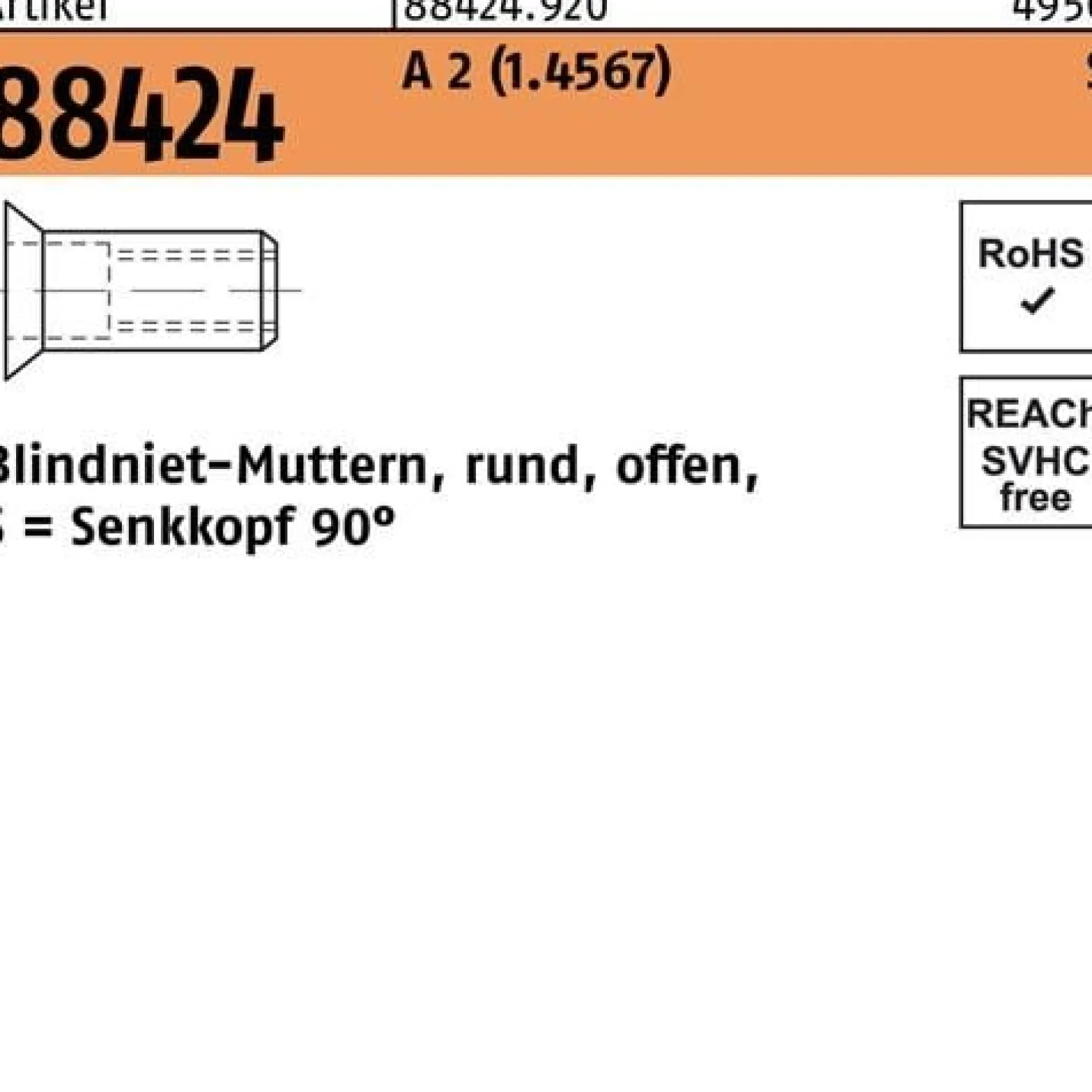 Blindnietmutter R 88424 SEKO M6 /1,5 -4,5 A 2 250 Stück