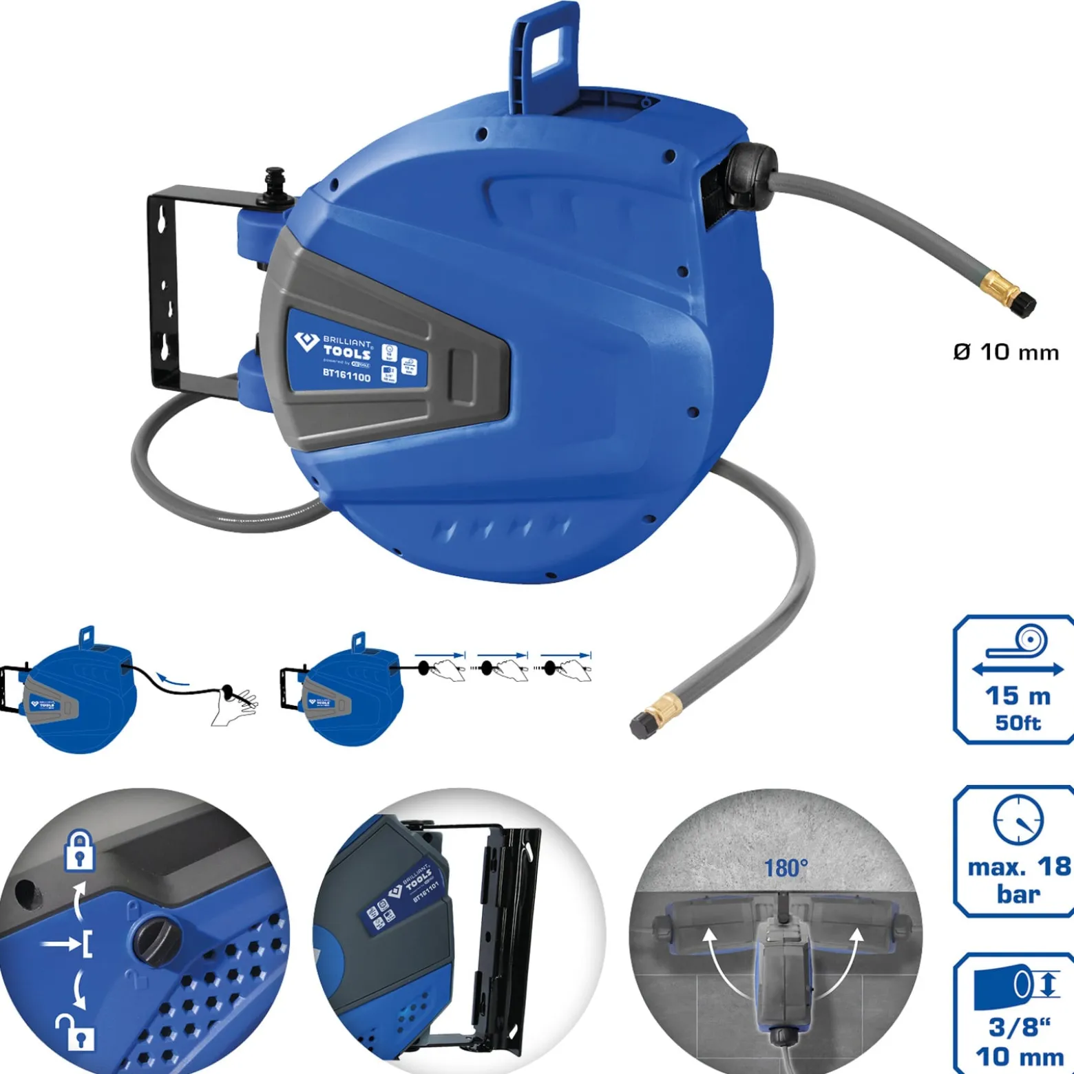 BRILLIANT TOOLS Automatischer Druckluftschlauch-Aufroller Ø 10 mm x 15 m - BT161100