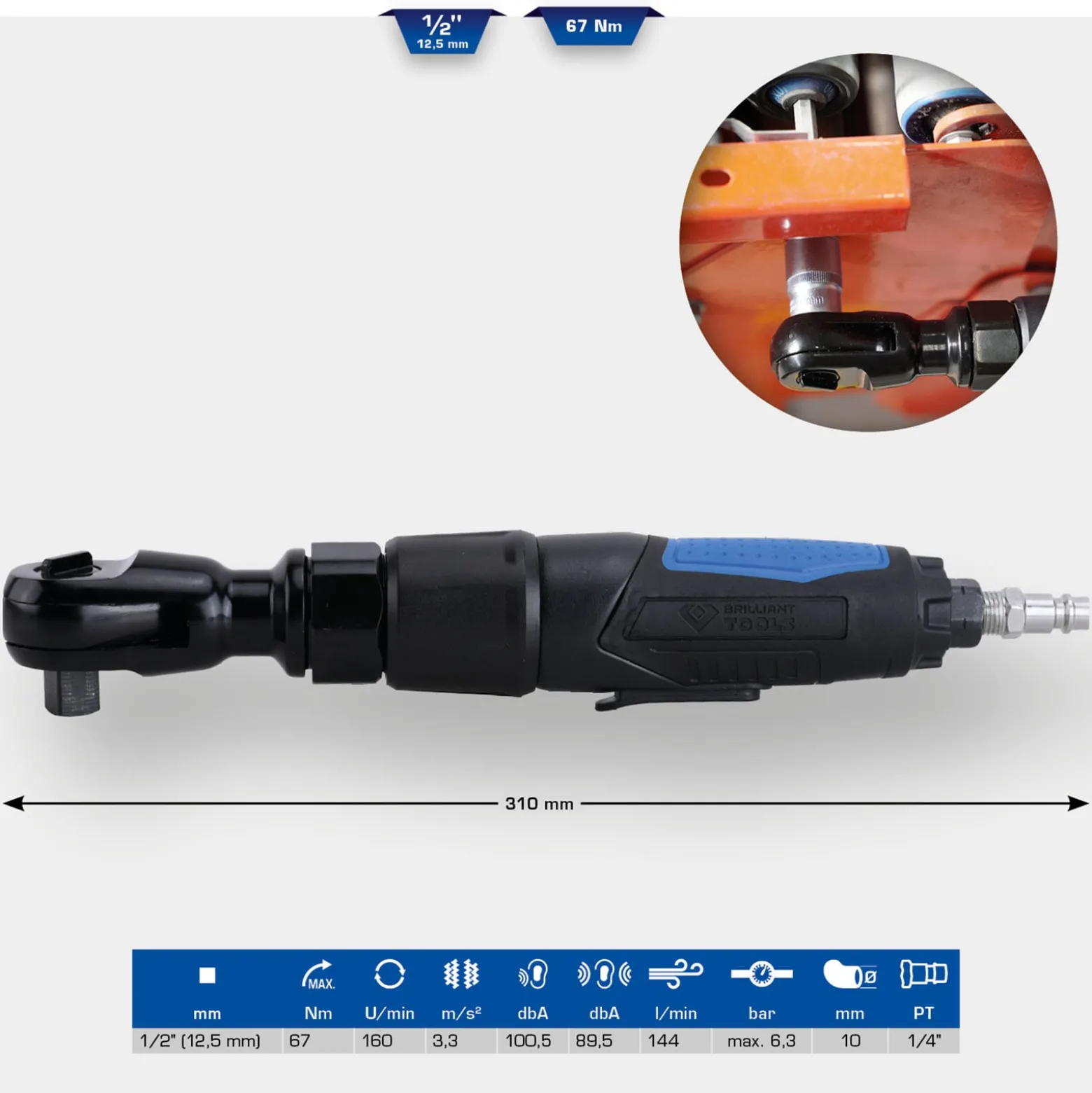 BRILLIANT TOOLS 1/2" Druckluft-Ratsche 67 Nm - BT160600