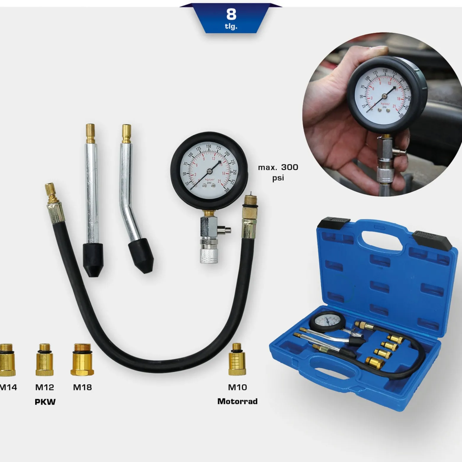 BRILLIANT TOOLS Kompressionstester-Satz für Benzin Motoren 8tlg. - BT581100