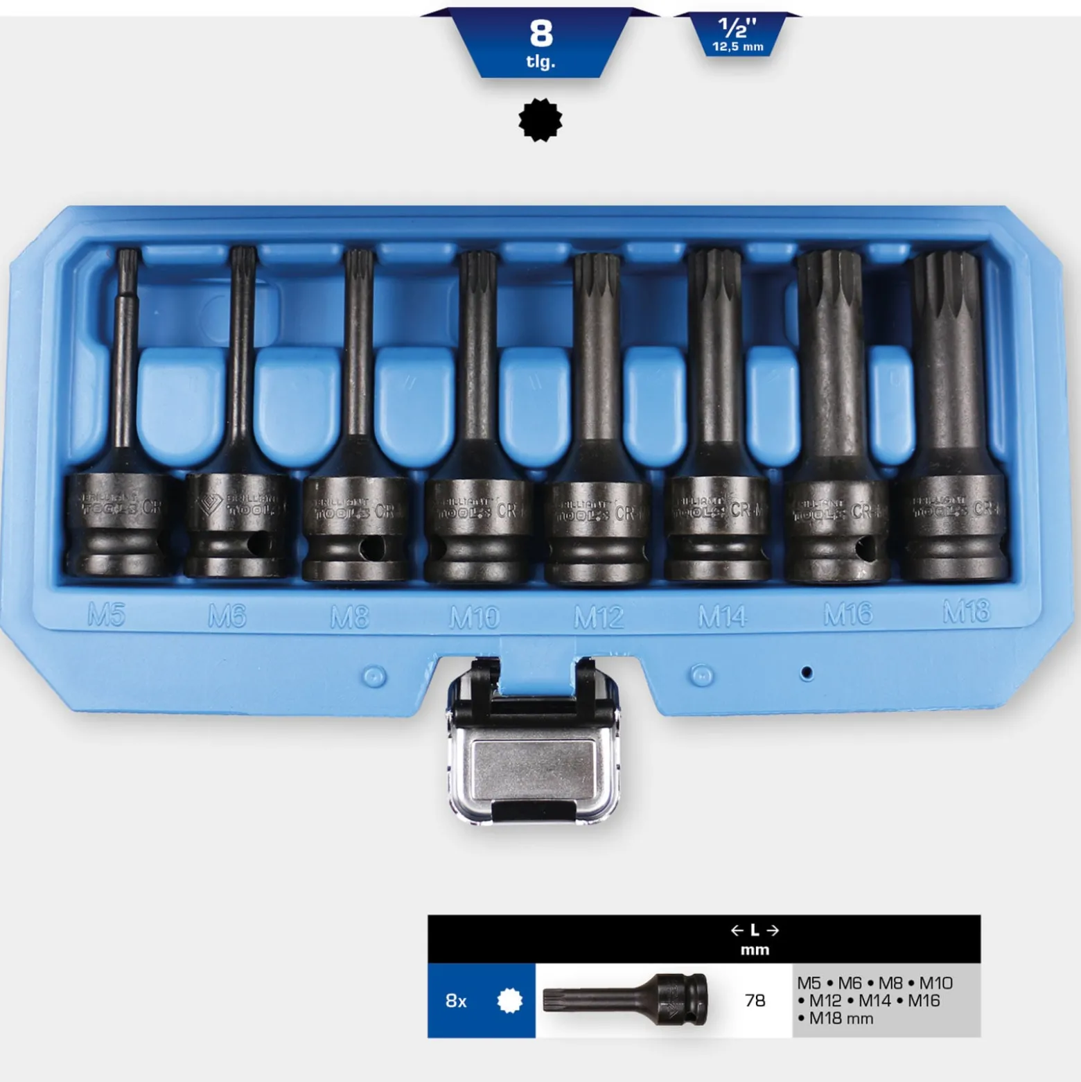BRILLIANT TOOLS 1/2" Kraft-Bit-Stecknuss-Satz XZN 8tlg. M5 - M18 - BT022605