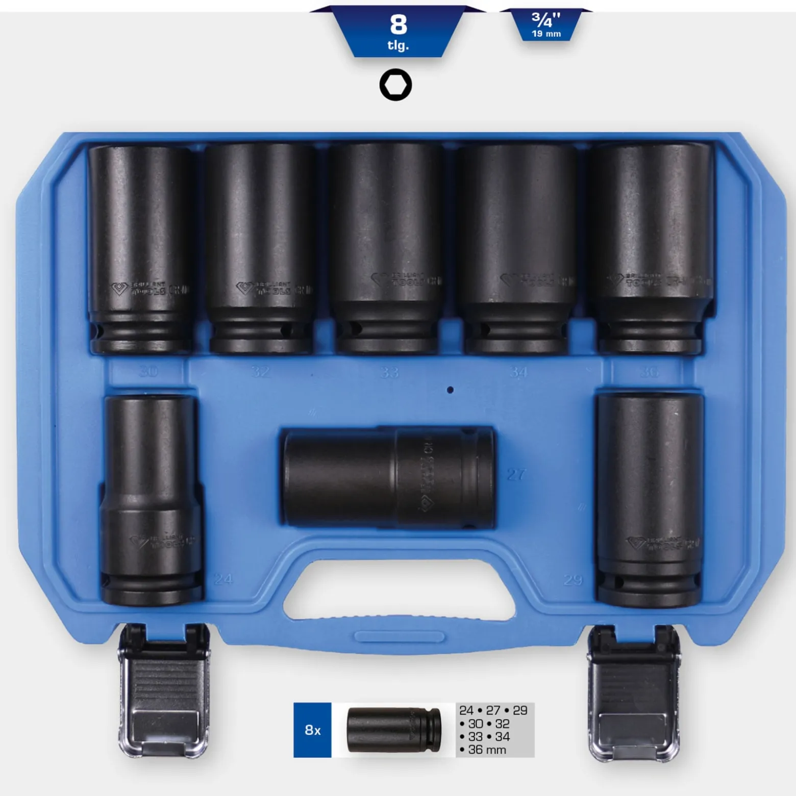 BRILLIANT TOOLS 3/4" Kraft-Stecknuss-Satz Sechskant 8tlg. lang 24 - 36 mm - BT025600