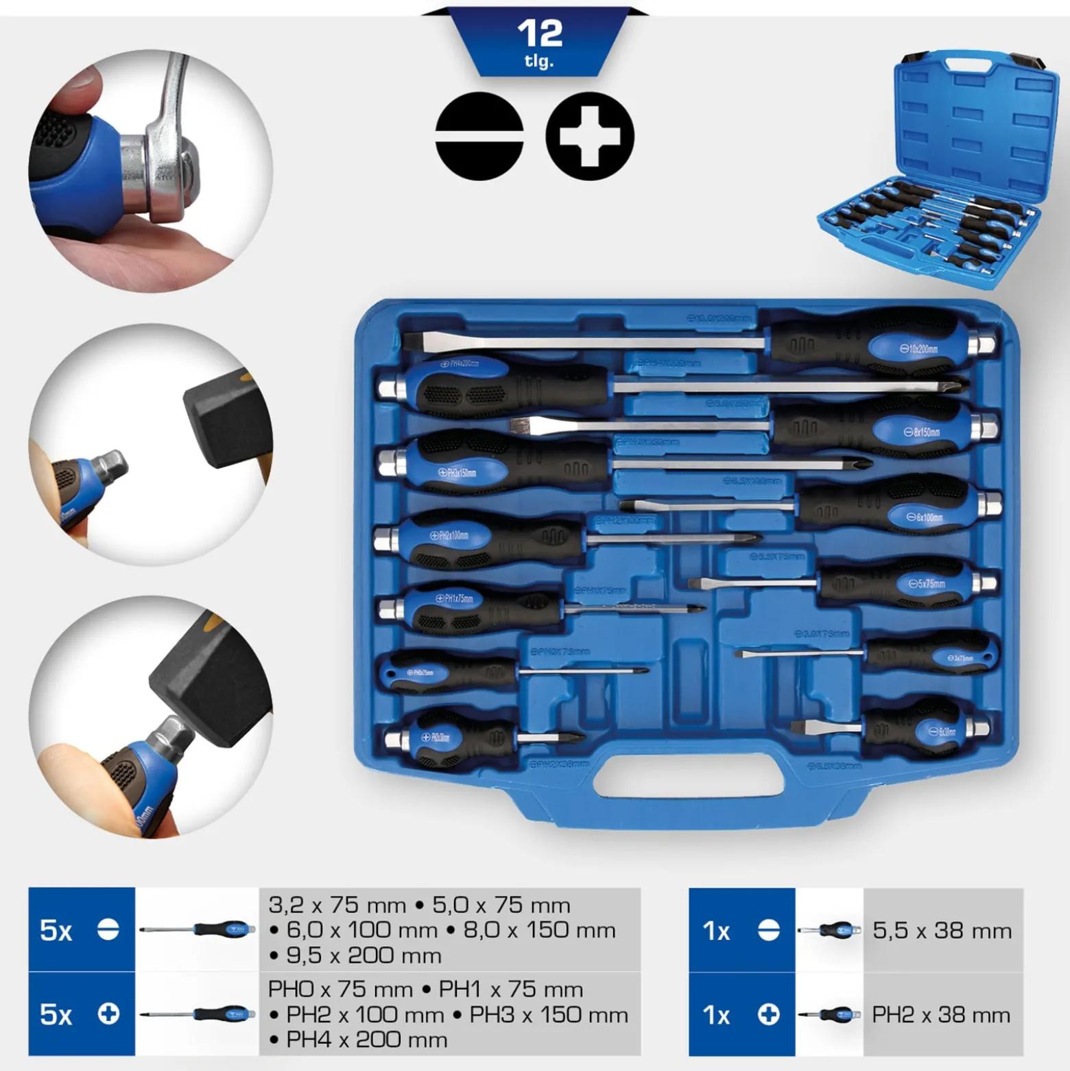 BRILLIANT TOOLS Schraubendreher-Satz mit Schlagkappe 12tlg. Schlitz PH Phillips - BT034012