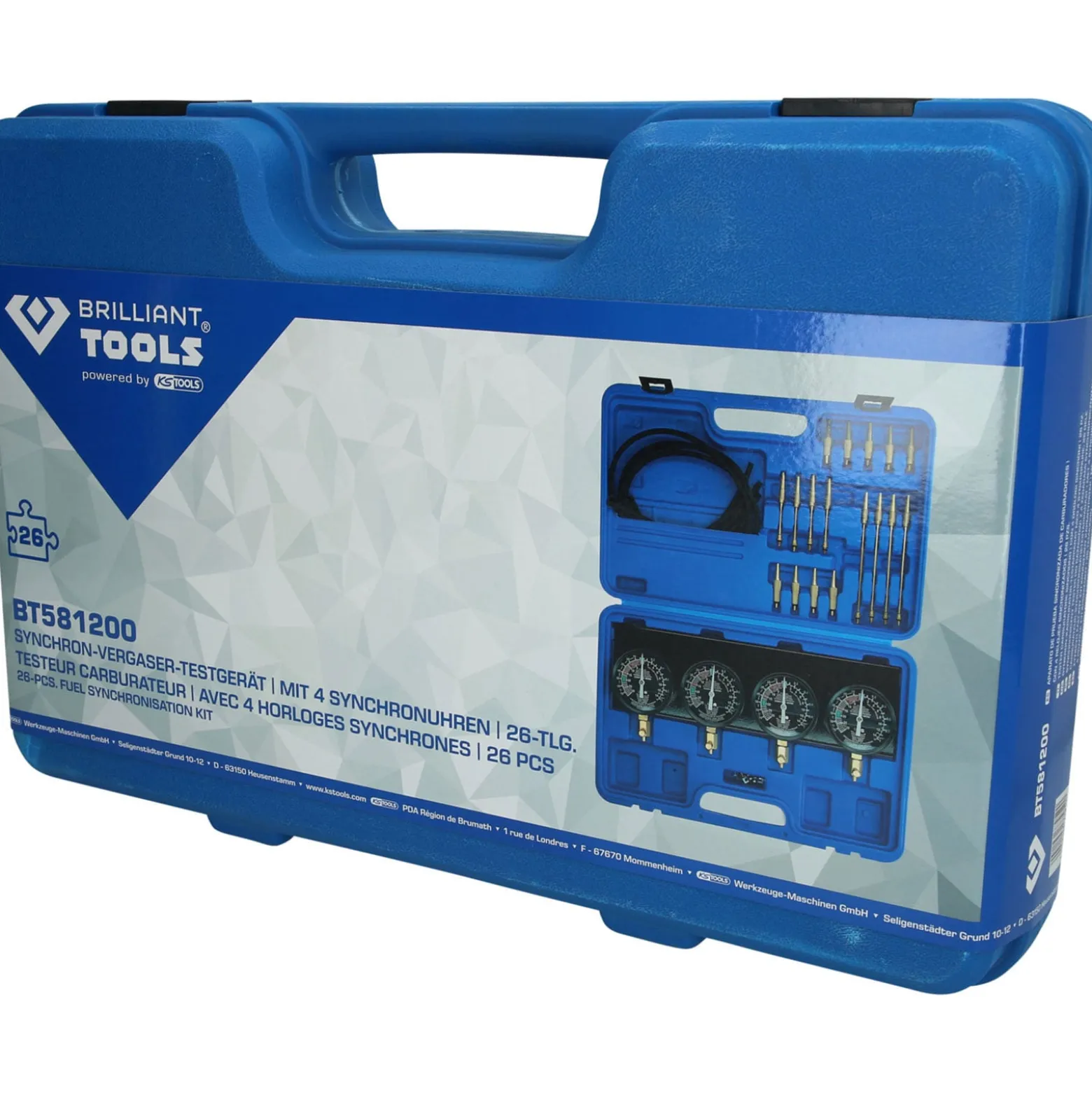 BRILLIANT TOOLS Synchron-Vergaser-Testgerät mit 4 Synchronuhren 26tlg. - BT581200