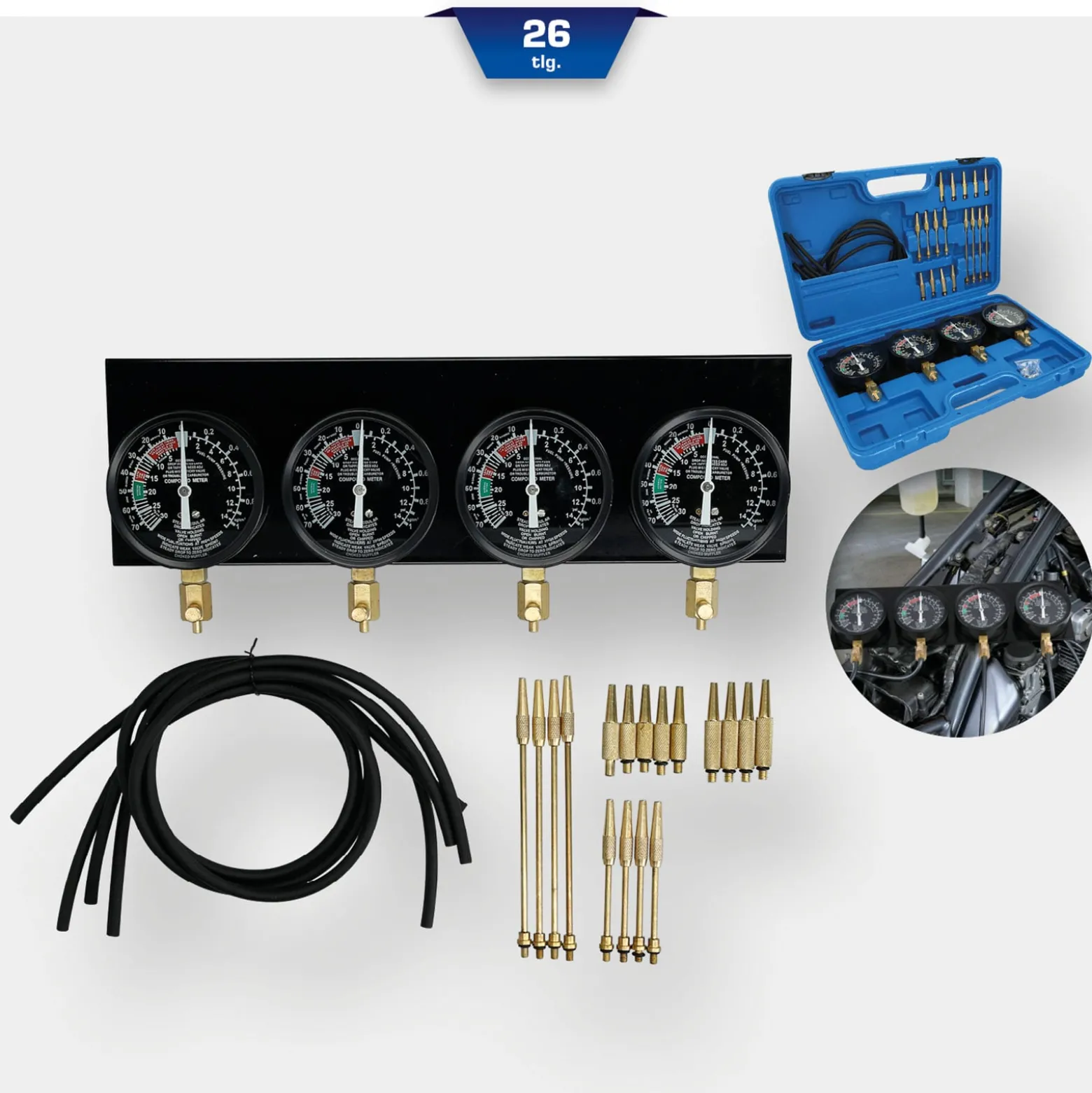 BRILLIANT TOOLS Synchron-Vergaser-Testgerät mit 4 Synchronuhren 26tlg. - BT581200