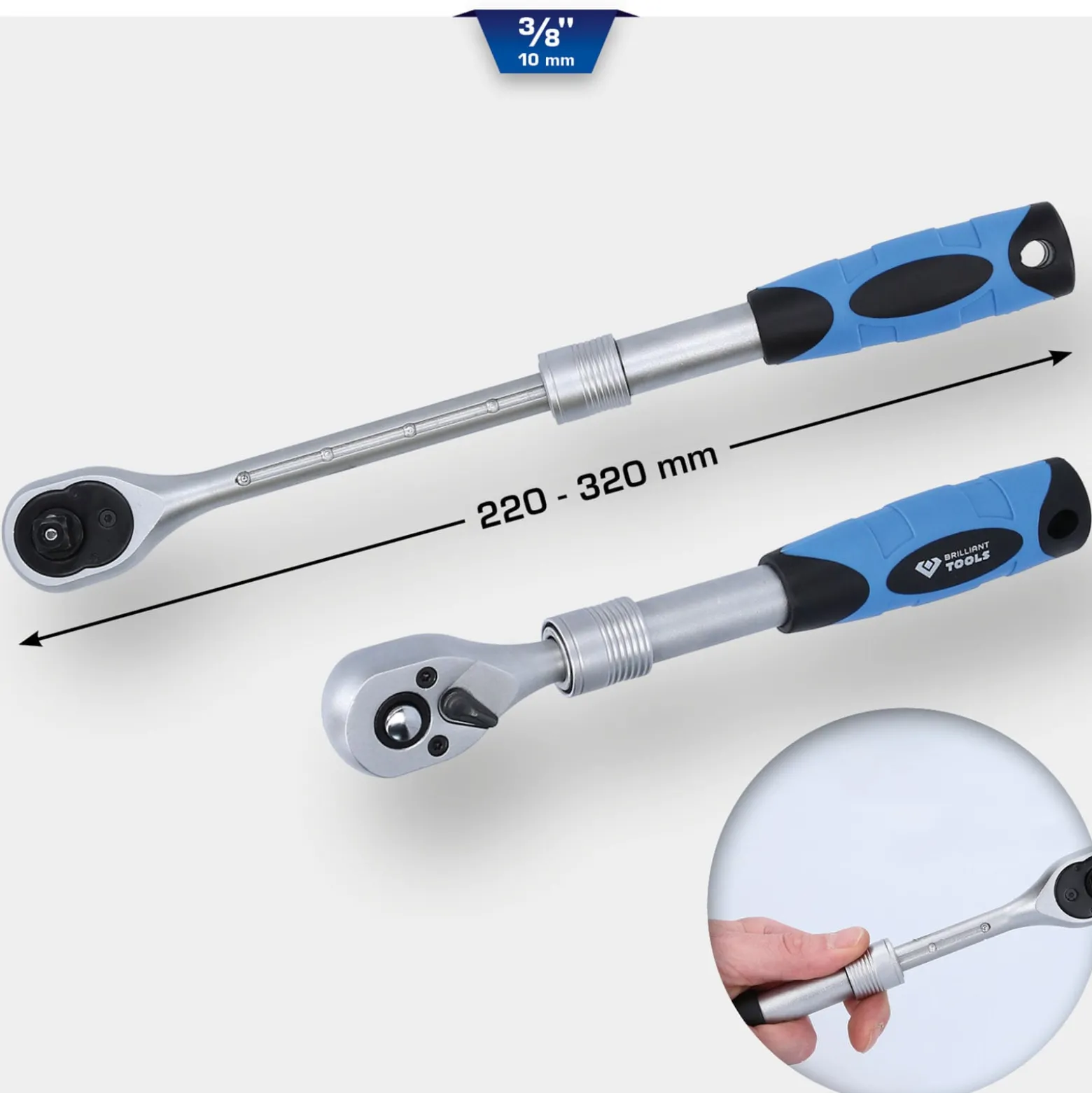 BRILLIANT TOOLS 3/8" Teleskop-Umschaltknarre (220 - 320 mm) - BT021996