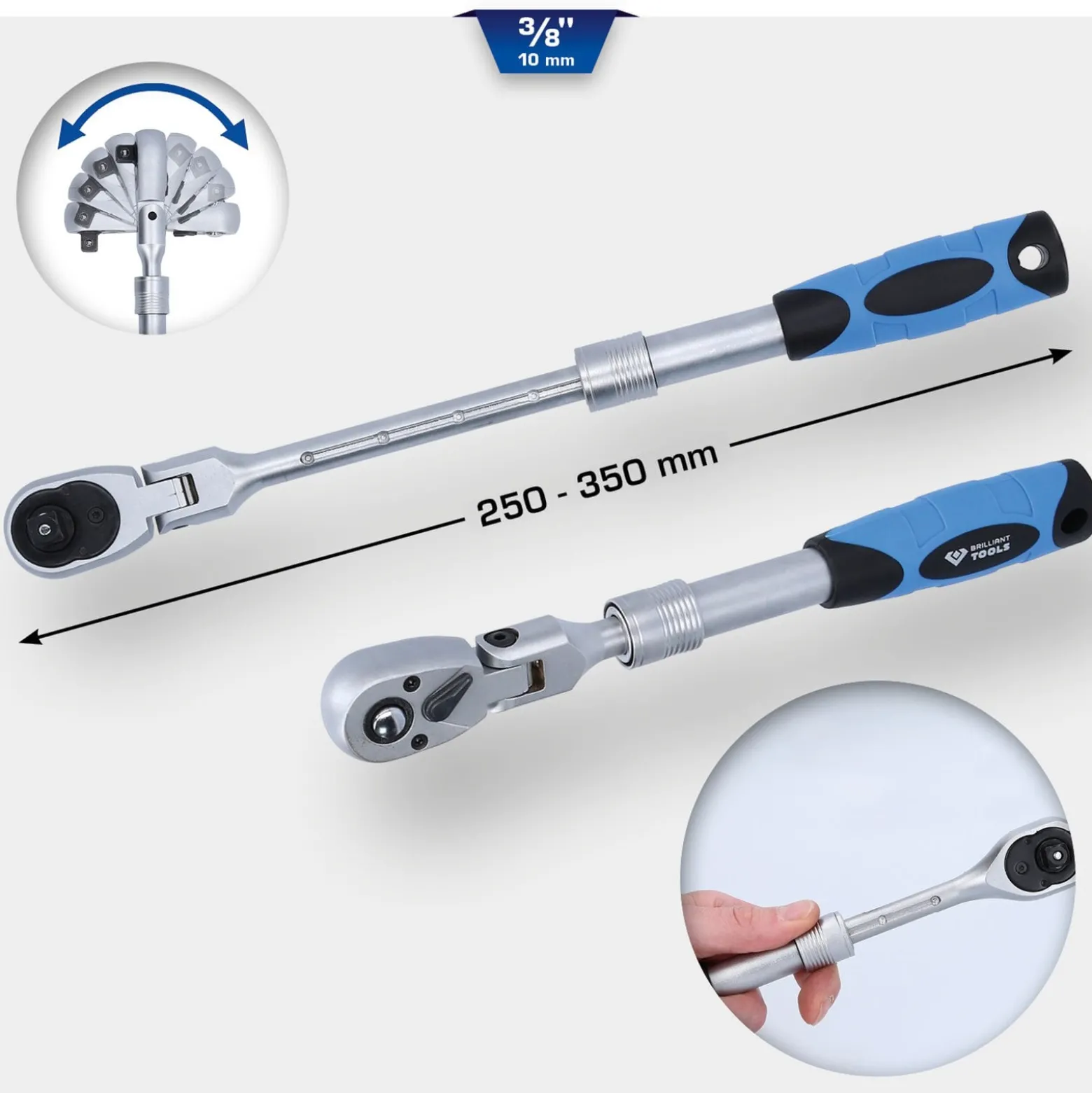 BRILLIANT TOOLS 3/8" Teleskop-Umschaltknarre mit flexibelem Kopf (250 - 350 mm) - BT021997