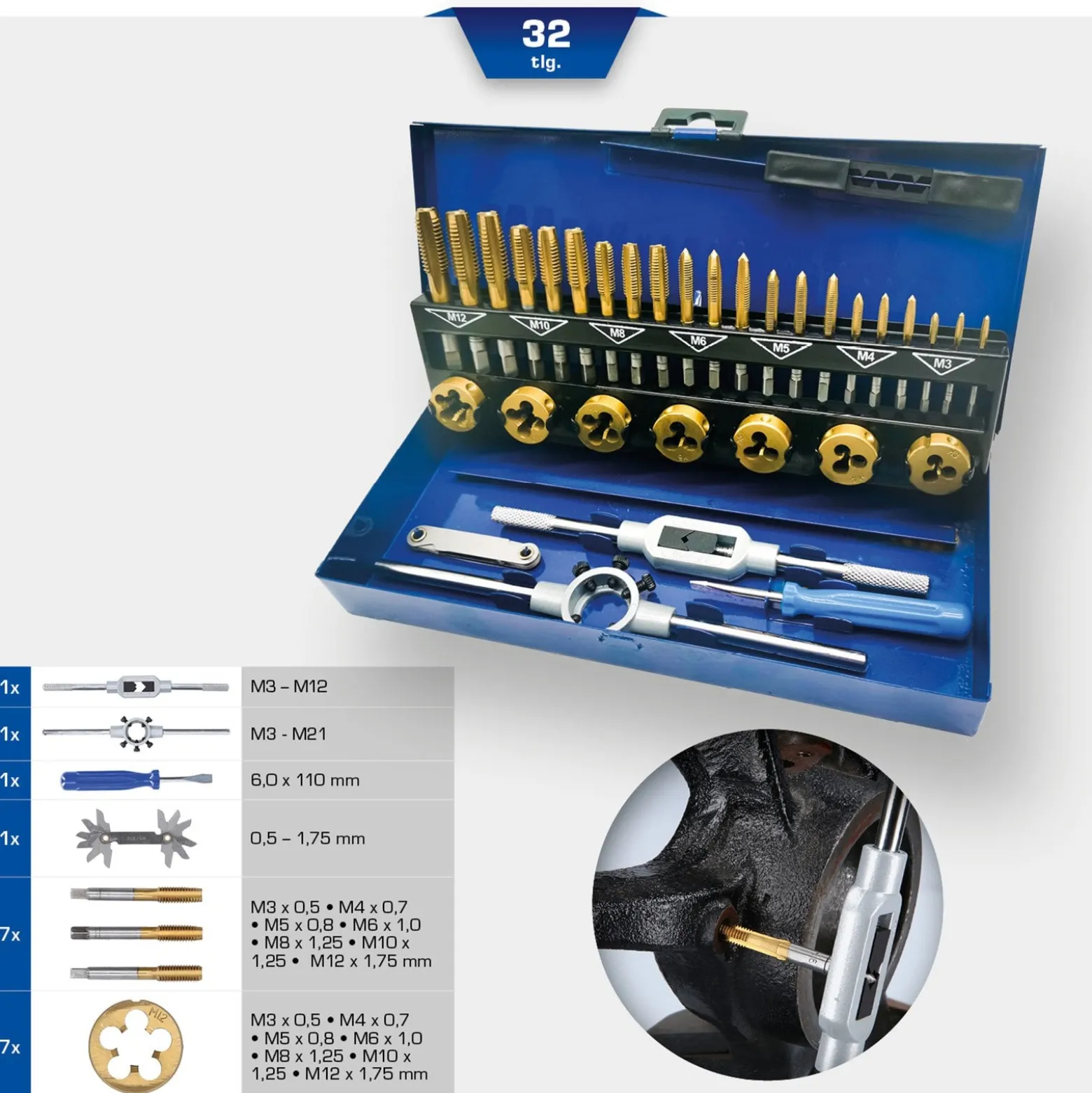 BRILLIANT TOOLS TiN Gewindeschneidwerkzeug-Satz 32tlg. - BT101950