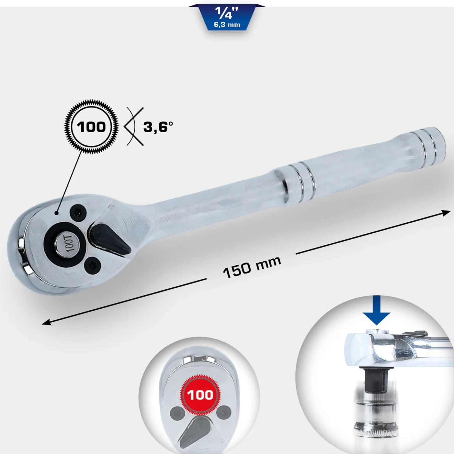 BRILLIANT TOOLS 1/4" Umschaltknarre mit Metallgriff 100 Zahn - BT020995