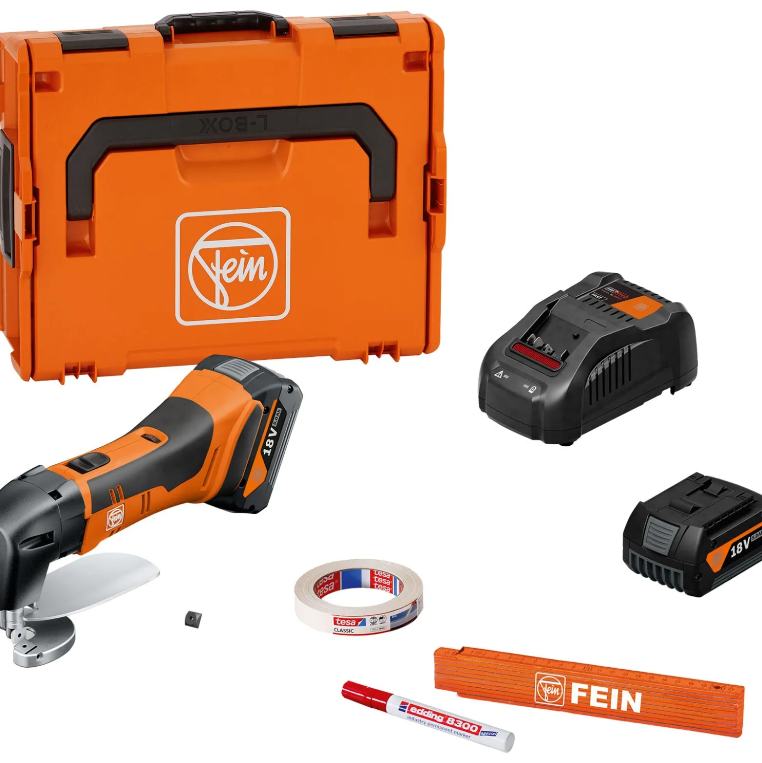 Fein Akku-Blechschere bis 1,6 mm ABLS 18 1.6 E AS / 2x 5,0 Ah Akku + Ladegerät in L-Boxx - 71300664000