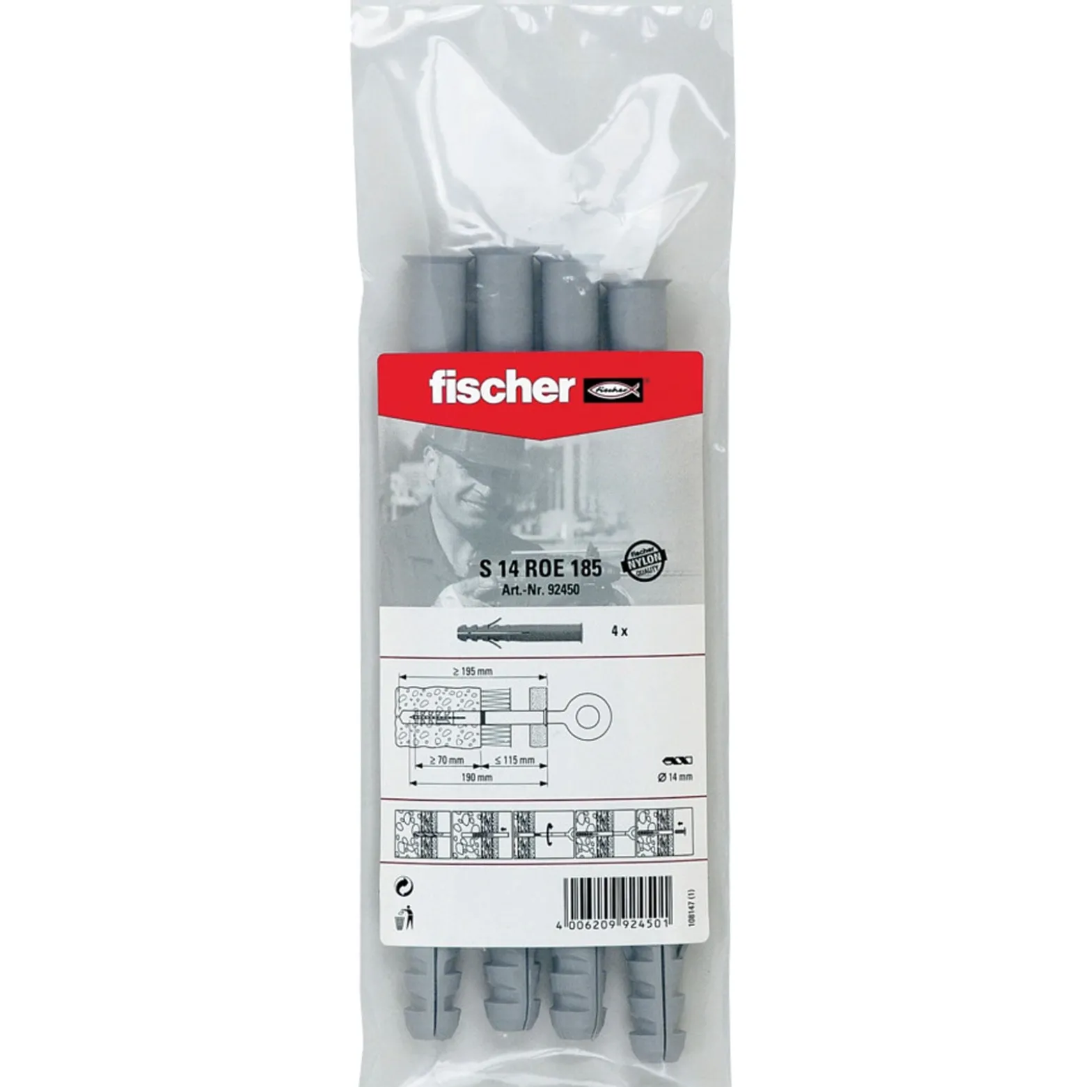 Fischer 4x Dübel S 14 ROE 185 B Beutel - 092450