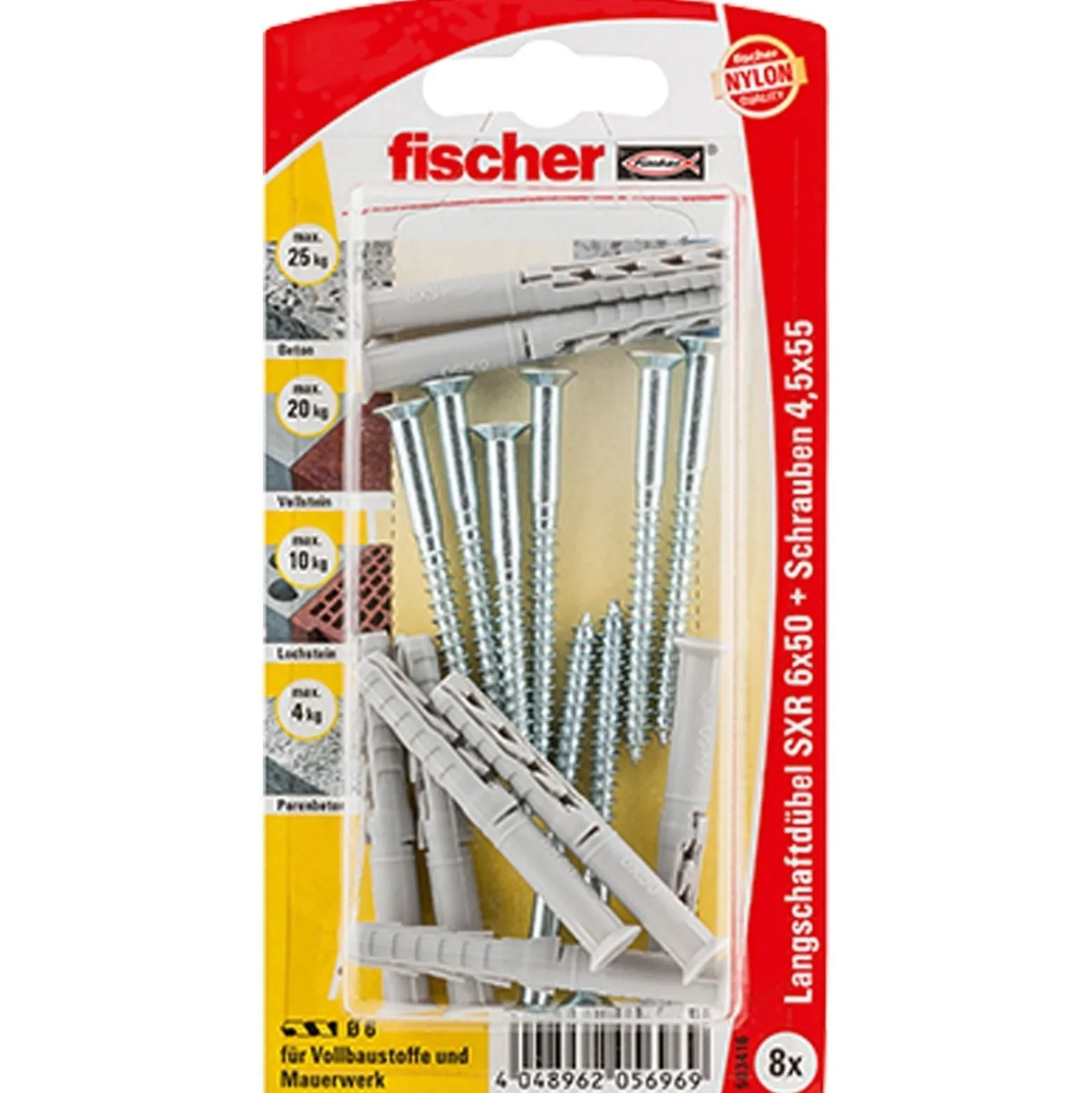 Fischer 8x Langschaftdübel SXR 6x50 Z Senkkopfschraube (PZ) - 503416