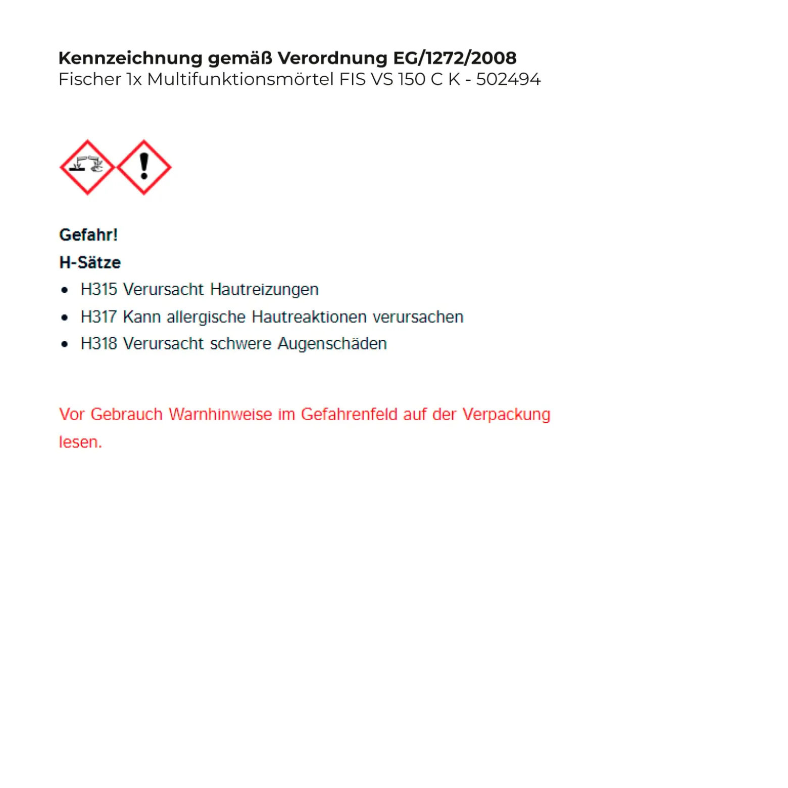 Fischer 1x Multifunktionsmörtel FIS VS 150 C K - 502494