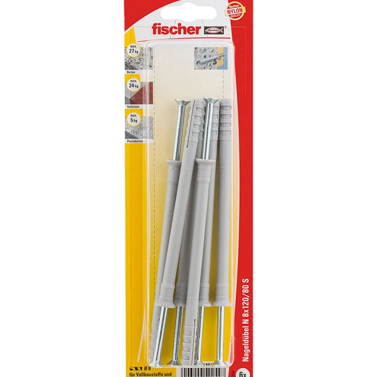 Fischer 6x Nageldübel N 8x120/80 S mit Schraube - 52254