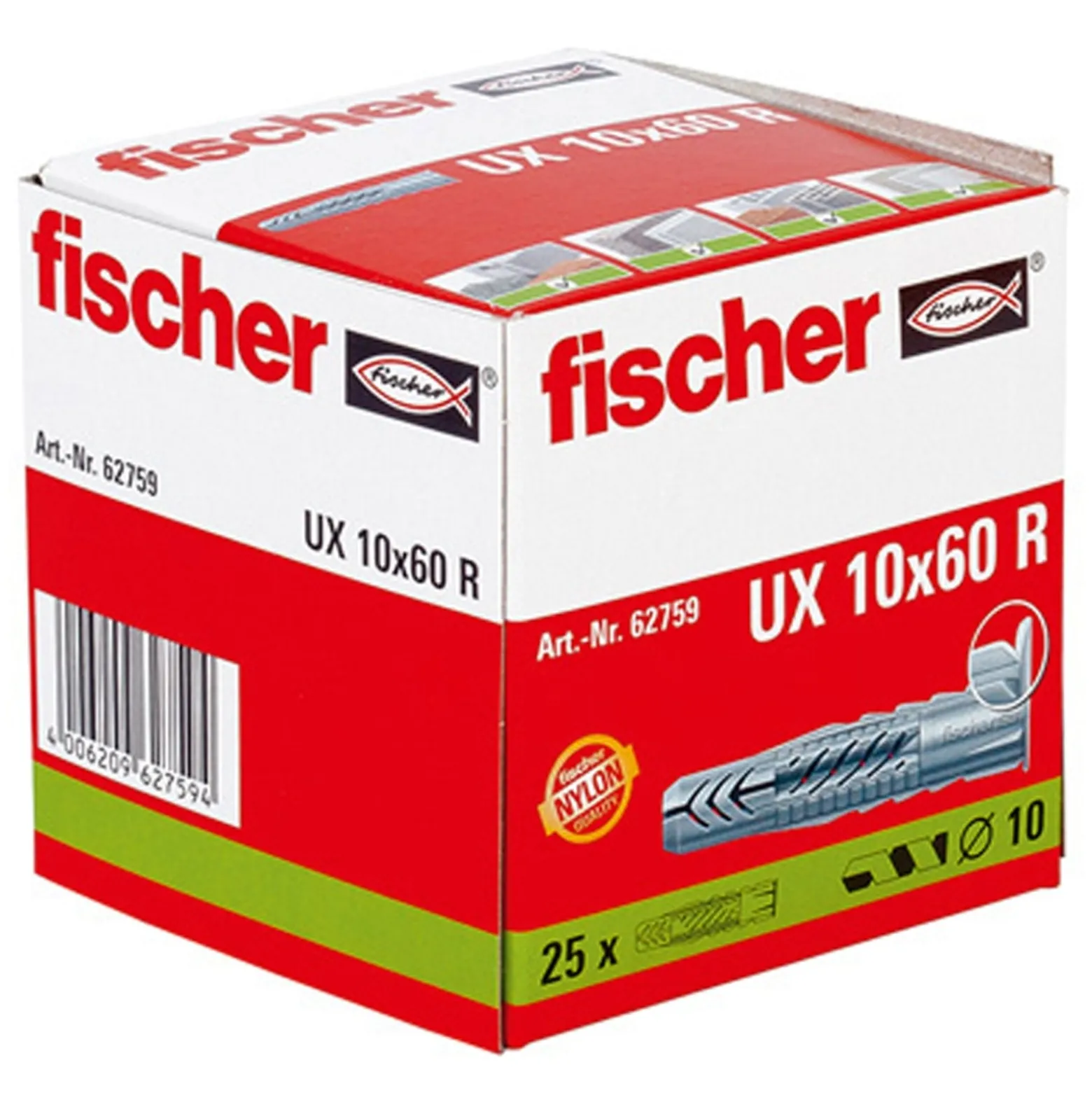 Fischer 25x Universaldübel UX 10 x 60 mm R mit Rand - 62759