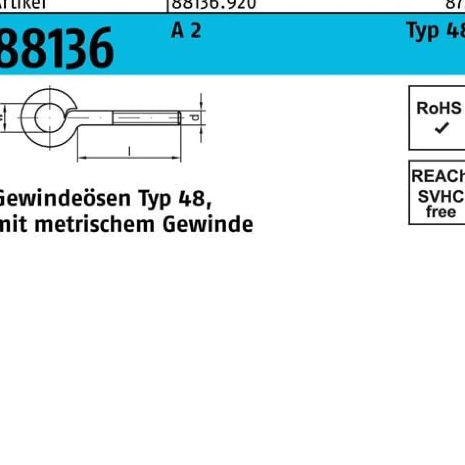Gewindeöse R 88136 Typ 48 M10x 70 D 14 A 2 50 Stück