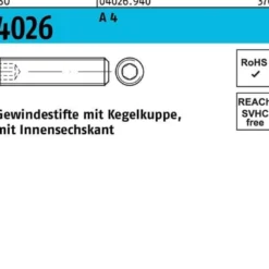 Gewindestift ISO 4026 Kegelkuppe/Innen-6kt M6x 12 A 4 500 Stück