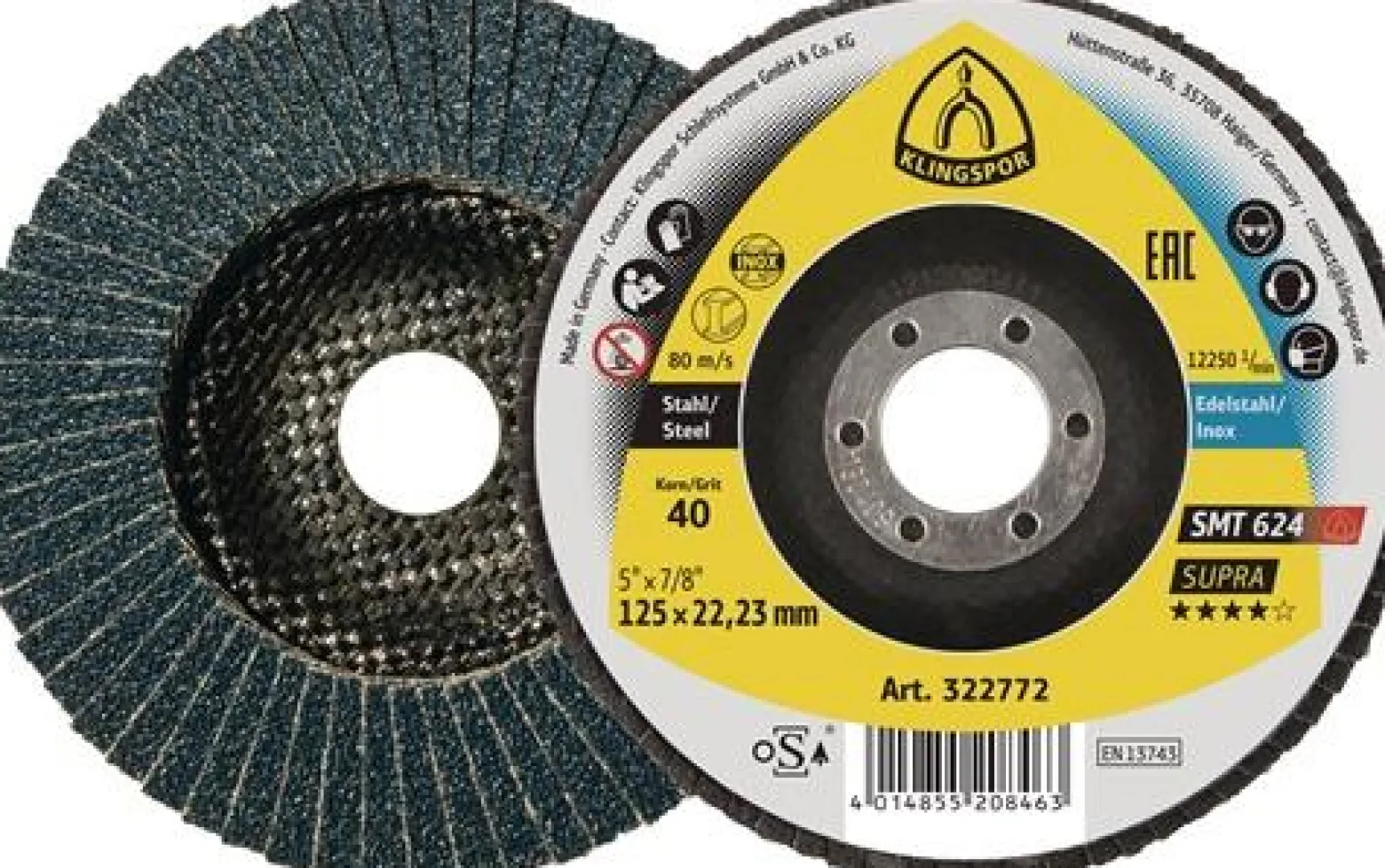 KLINGSPOR Fächerscheibe SMT 624 Supra Ø 115 mm Körnung 120 12° konisch INOX Zirkonkorund - 322769
