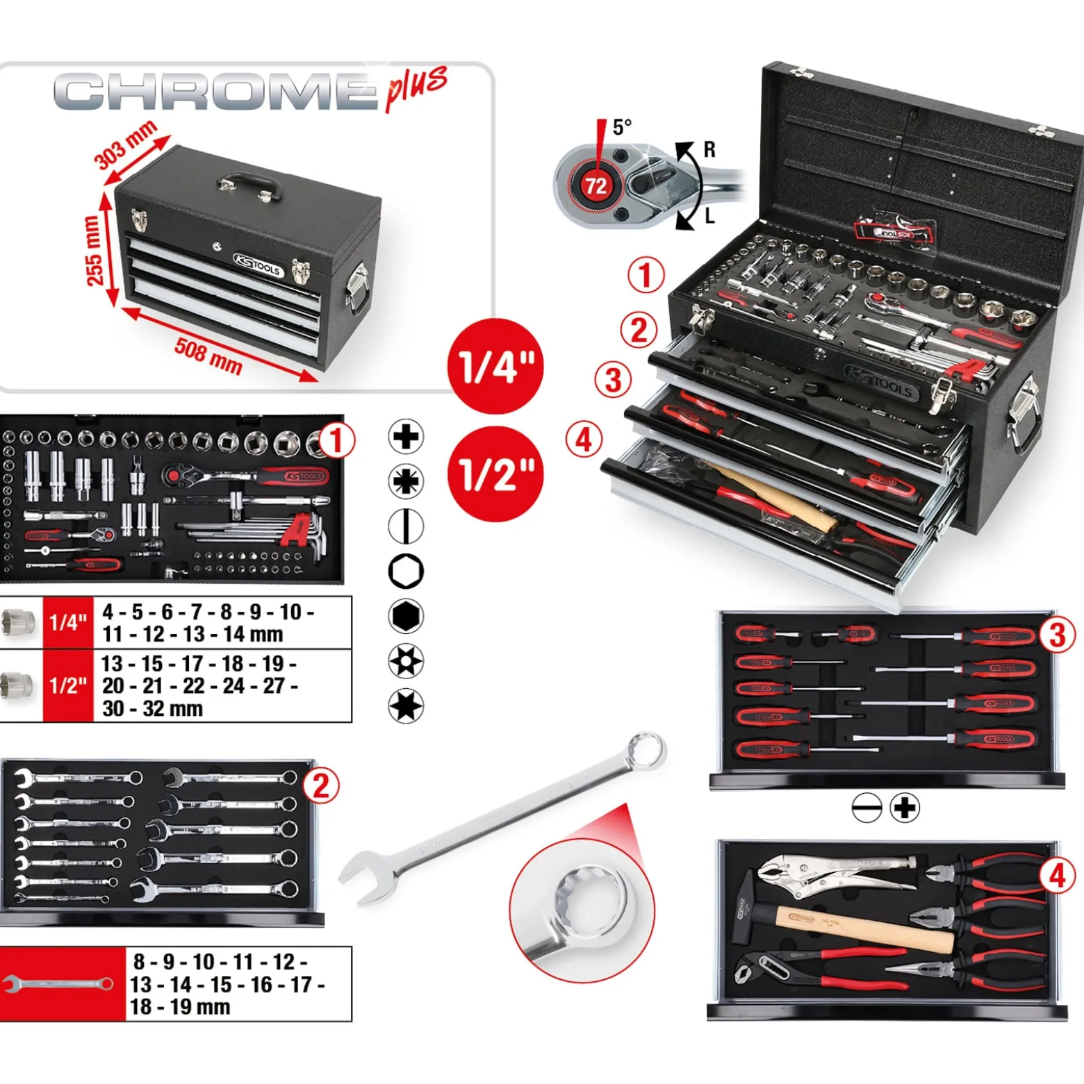 KS TOOLS 1/4"+1/2" CHROMEplus Universal-Werkzeug-Satz 99tlg. - 918.0200