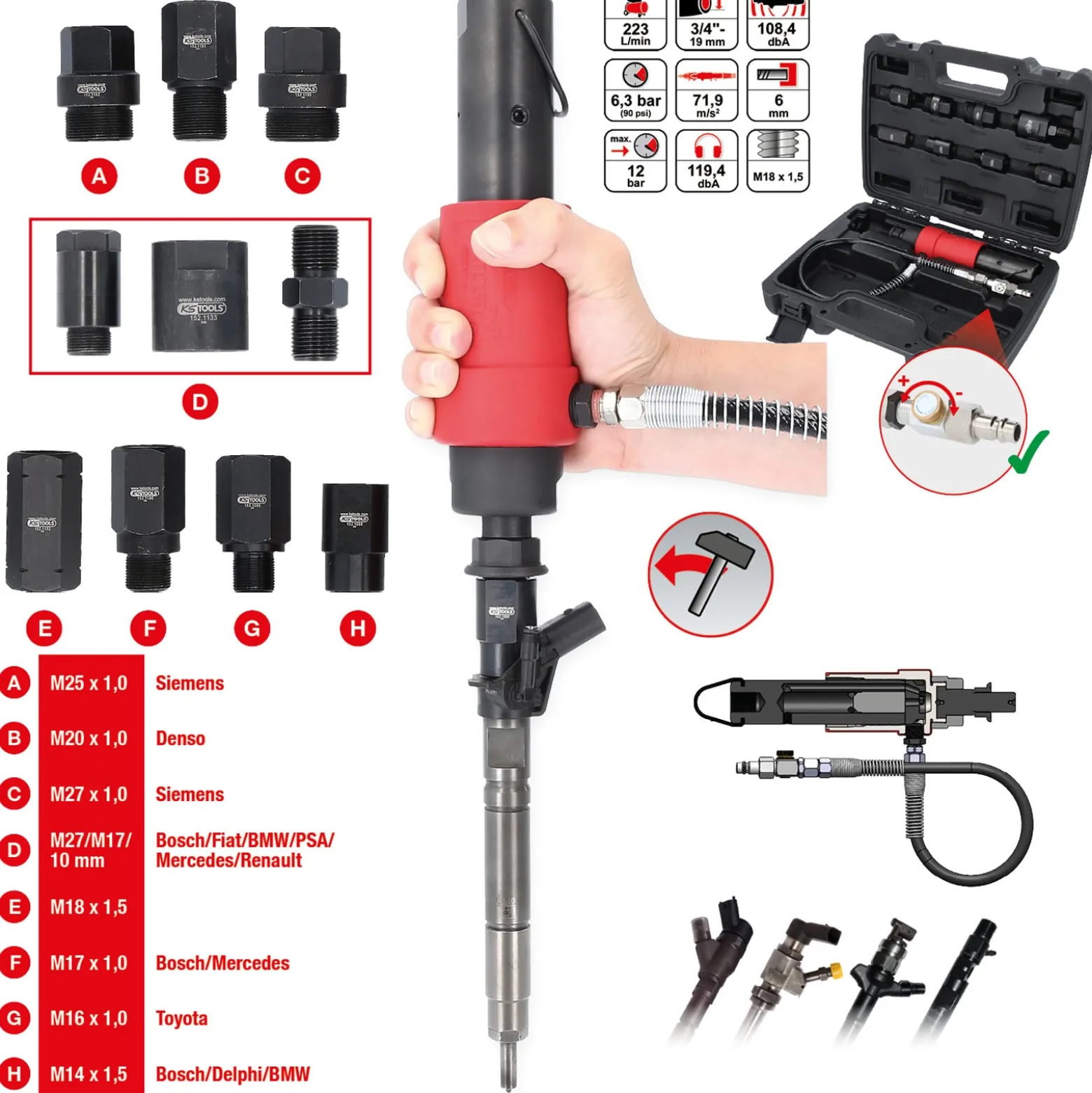 KS TOOLS Druckluft Injektoren-Auszieher-Satz 9tlg. - 152.1130