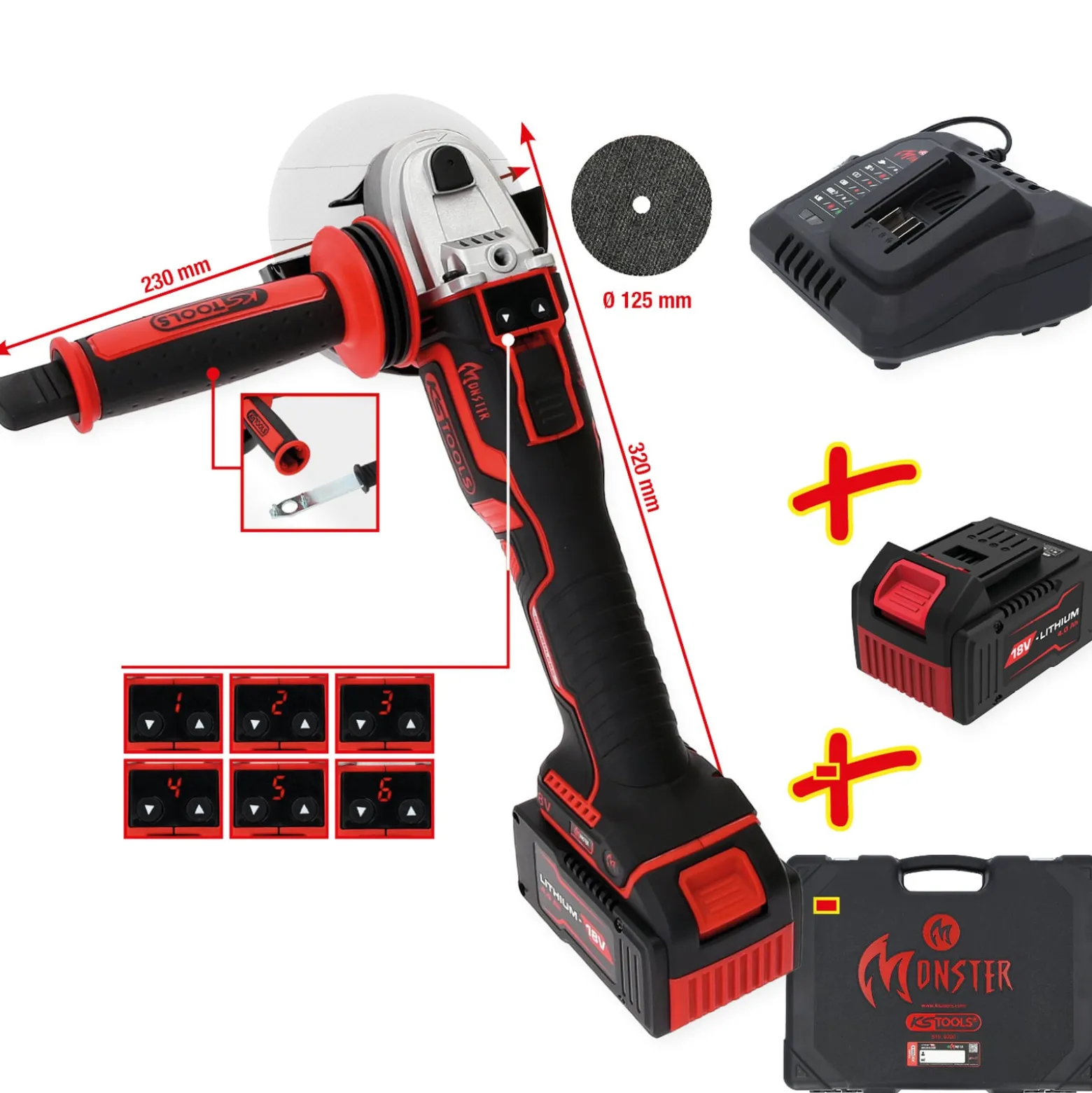 KS TOOLS eMONSTER Brushless-Akku-Winkelschleifer-Satz 4tlg. - 515.6200