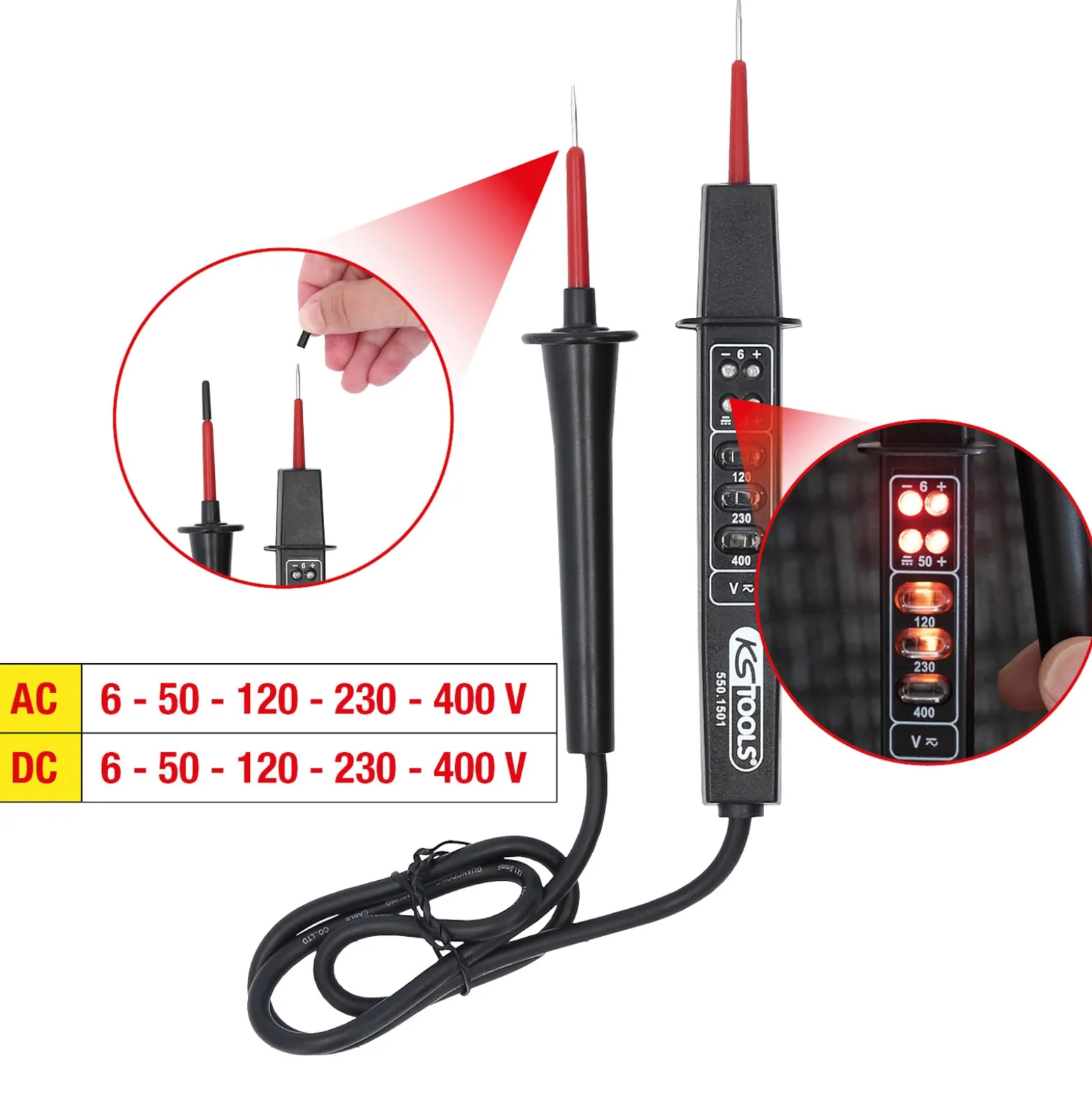 KS TOOLS Polaritäts- und Spannungsprüfer mit Schutzisolierung 6-400 V - 550.1501