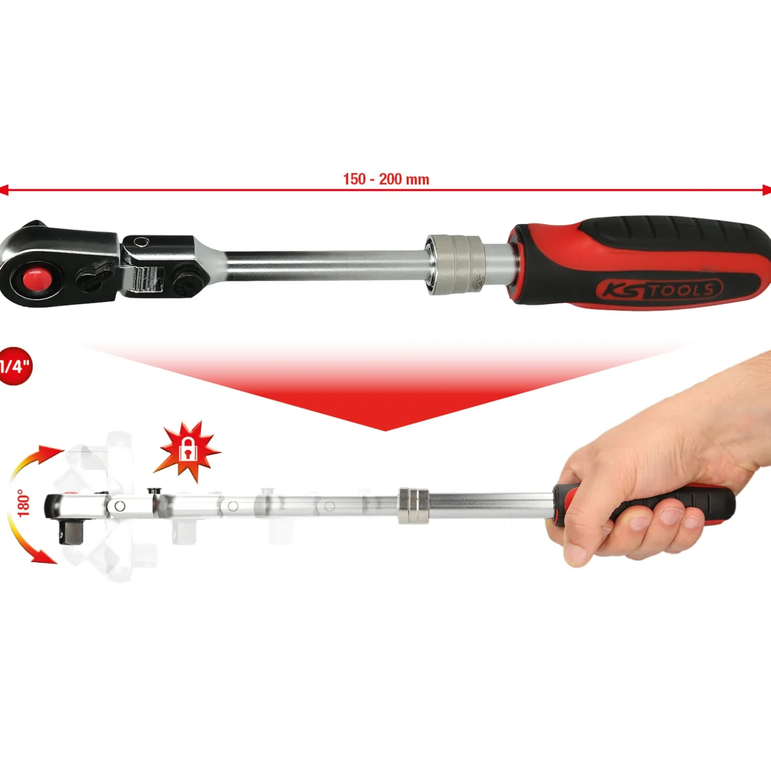 KS TOOLS 1/4" SlimPOWER Teleskop-Gelenk-Umschaltknarre 72 Zahn - 914.1420