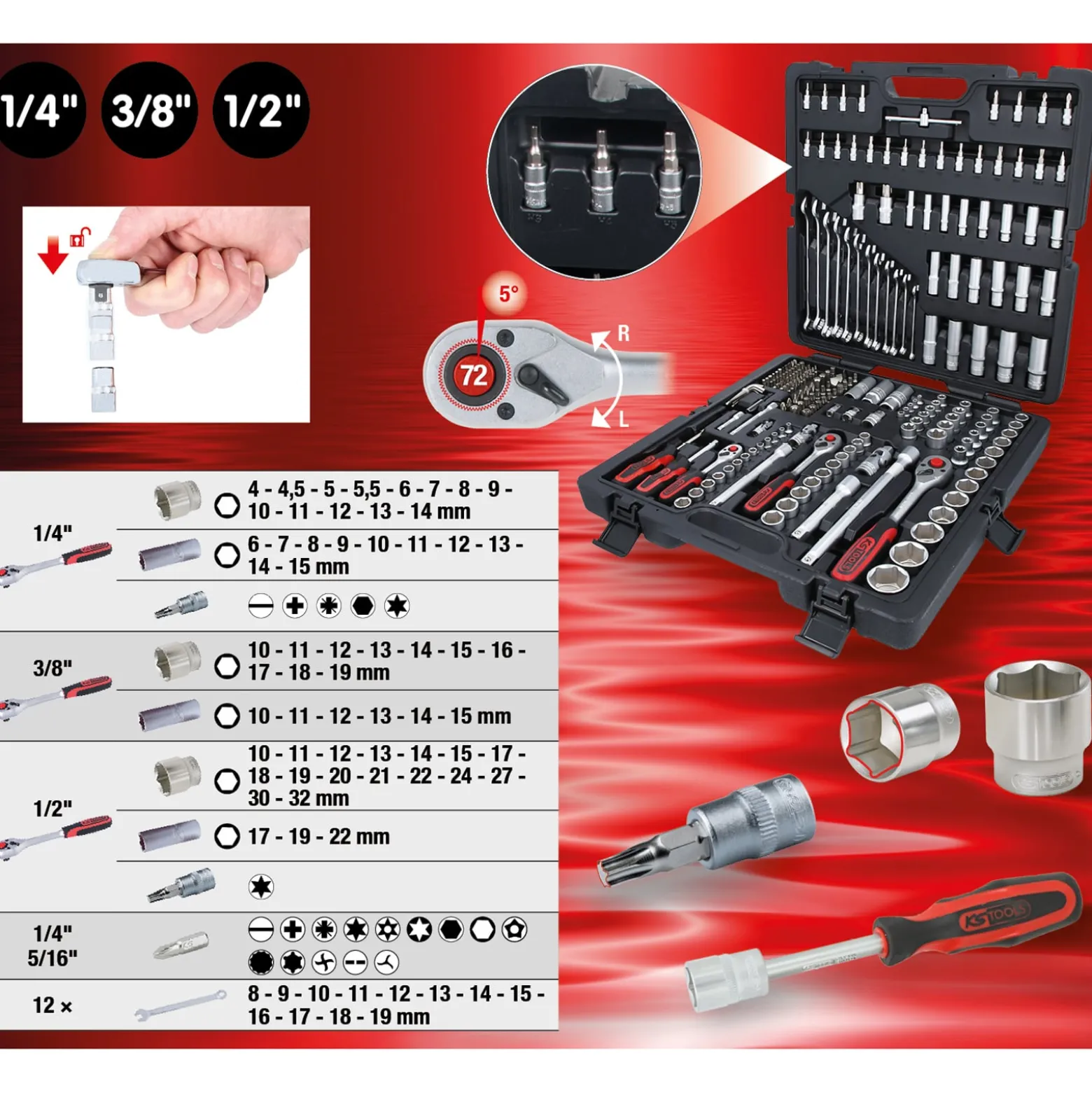 KS TOOLS 1/4"+ 3/8"+ 1/2" Steckschlüssel-Satz 216tlg. - 917.0216