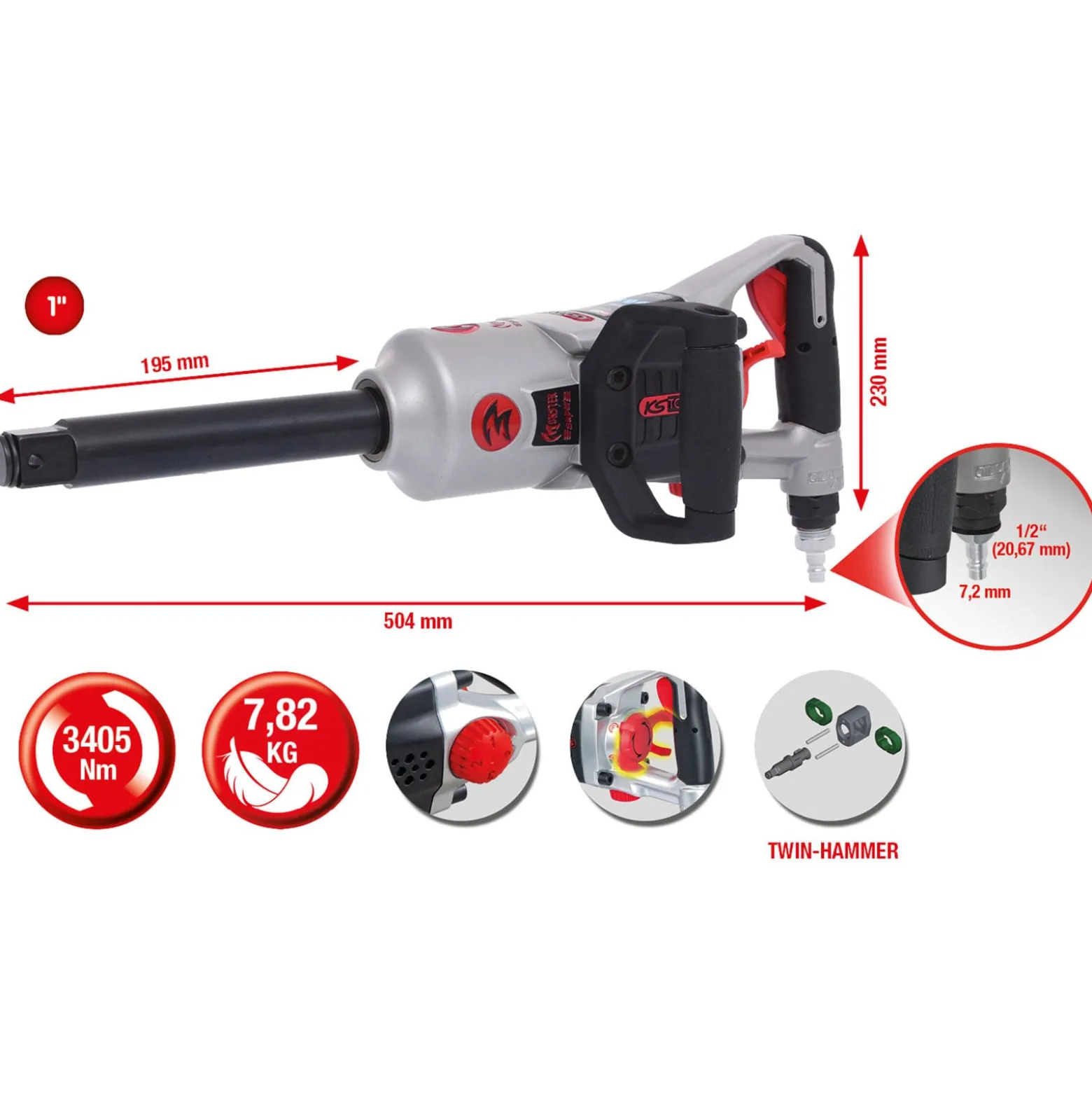 KS TOOLS 1" superMONSTER Hochleistungs-Druckluft-Schlagschrauber 3.405 Nm 504 mm - 515.3280
