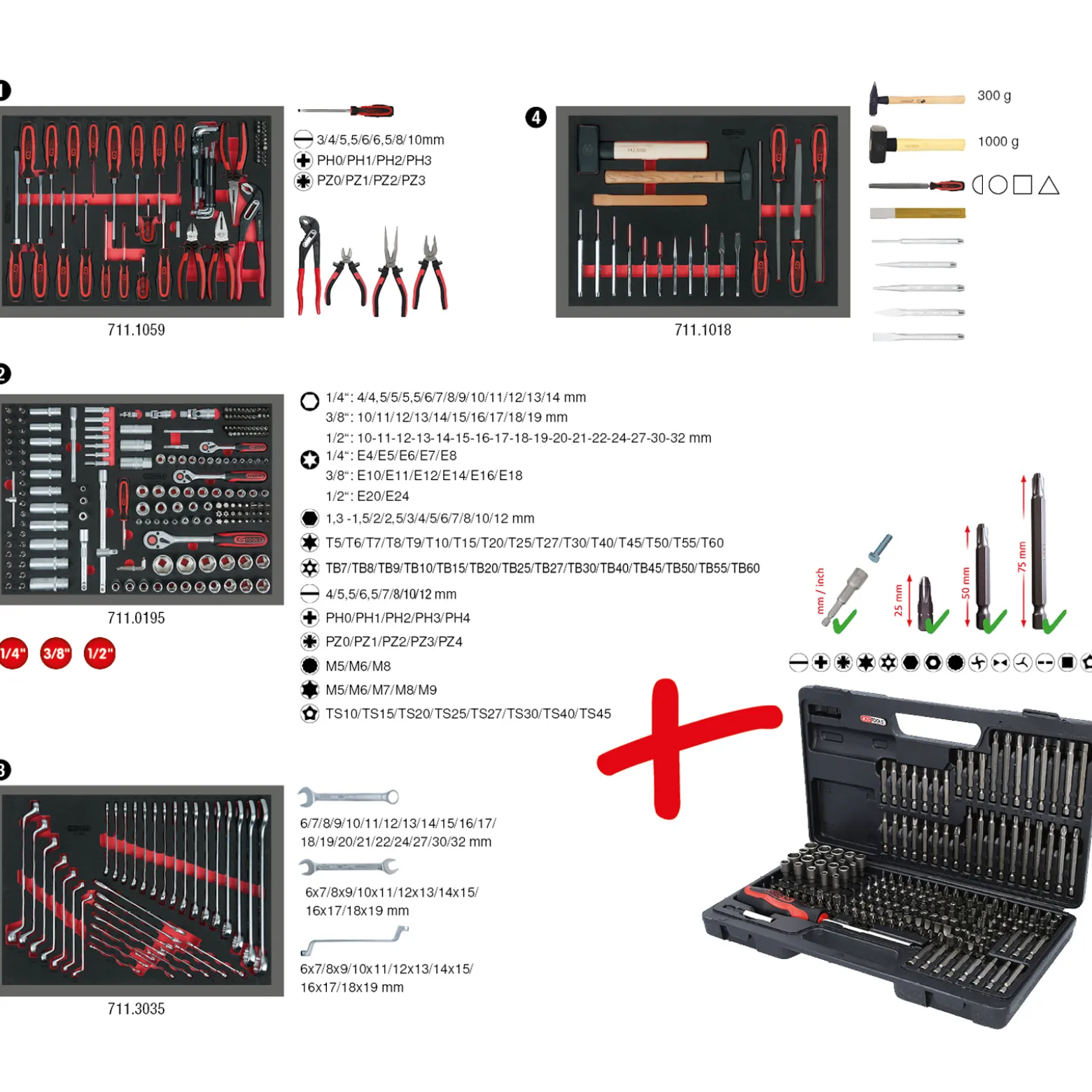 KS TOOLS Universal-Systemeinlagen-Satz für 4 Schubladen mit 515 Premium-Werkzeugen - 713.0515