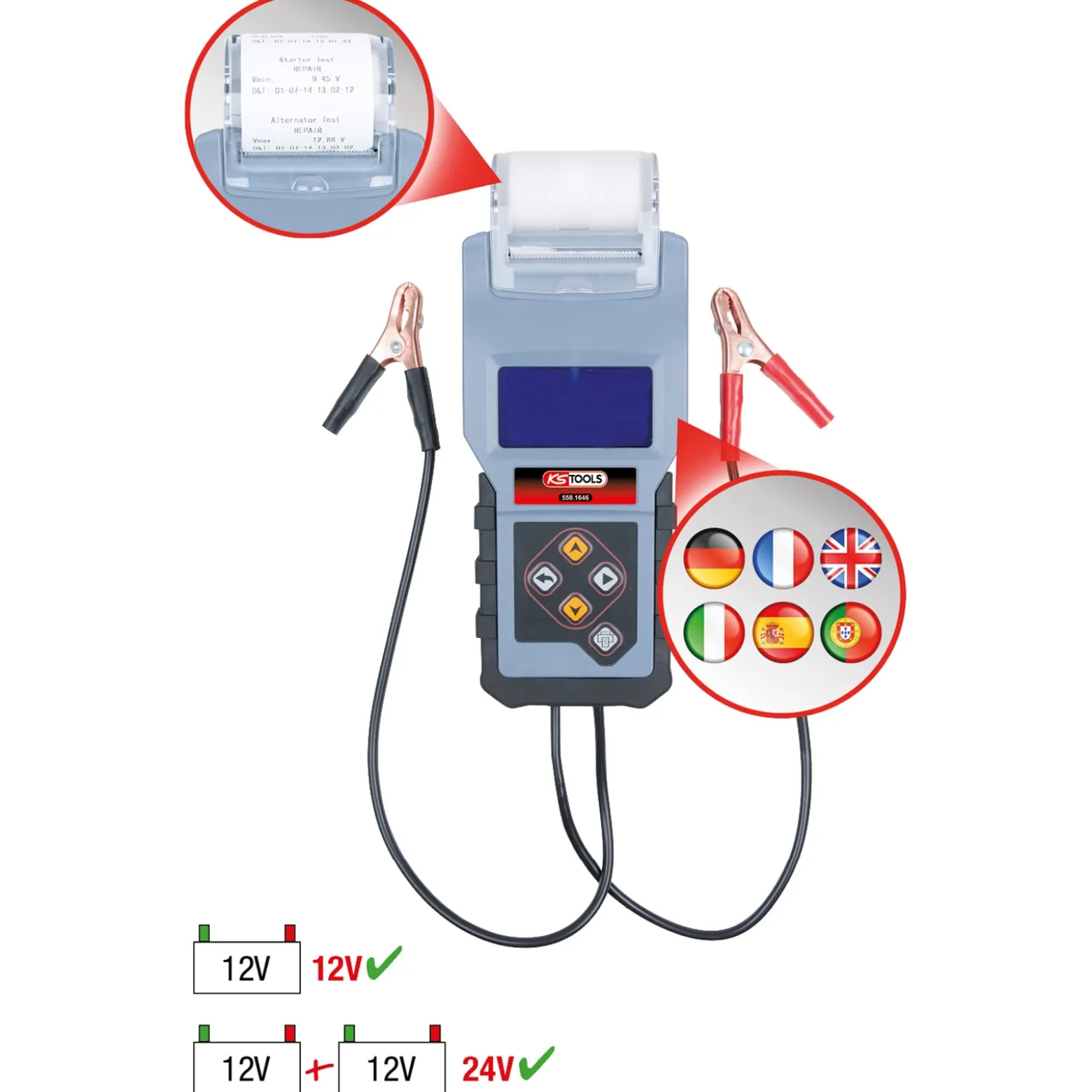 KS TOOLS 12V Digital-Batterie- und Ladesystemtester mit integriertem Drucker - 550.1646