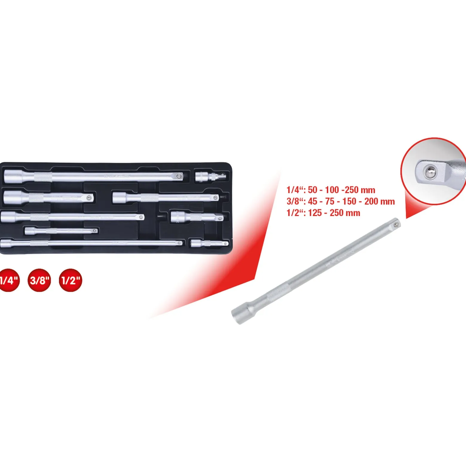 KS TOOLS 1/4"+3/8"+1/2" Verlängerungs-Satz 9tlg. - 911.0007