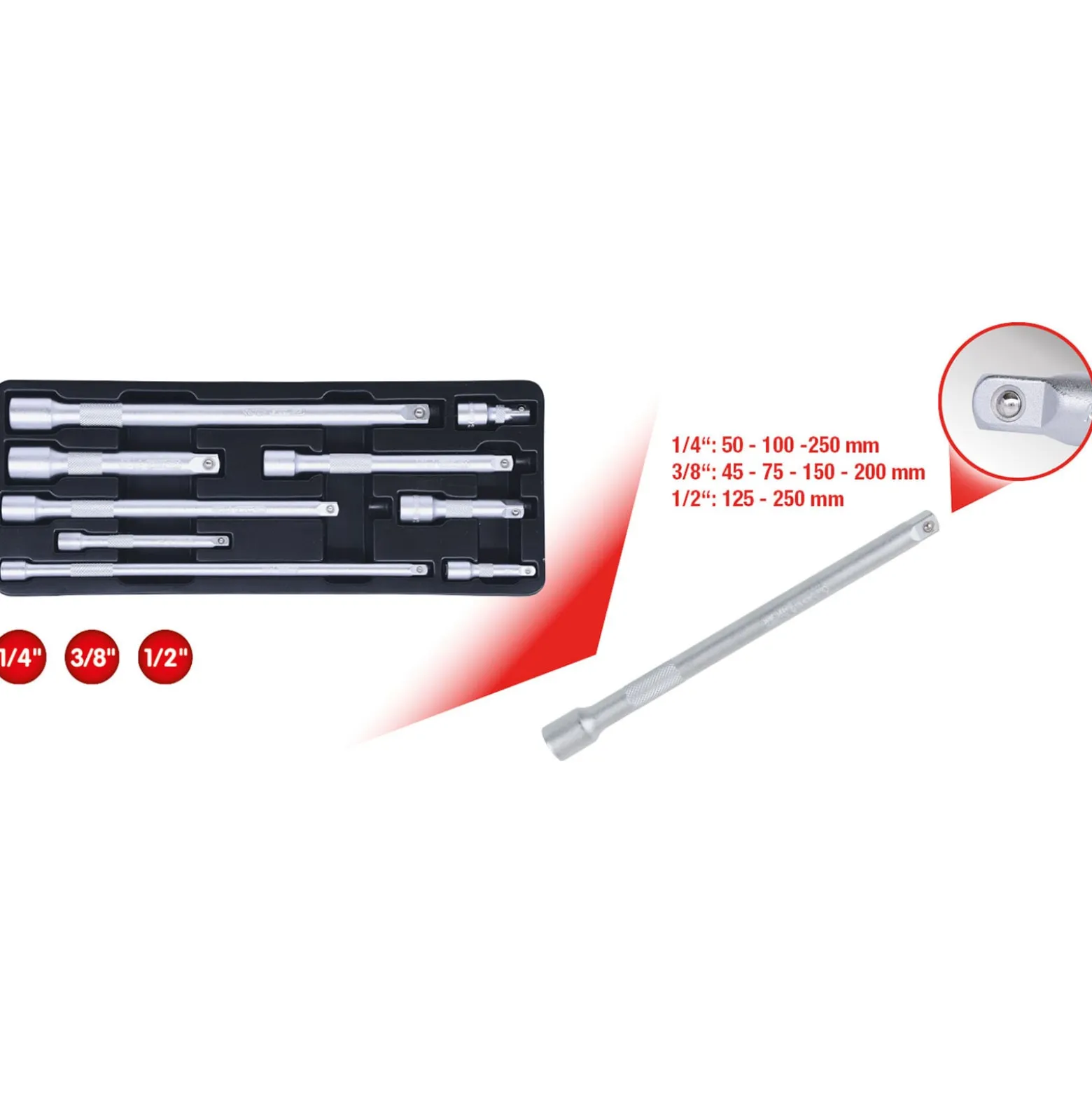 KS TOOLS 1/4"+3/8"+1/2" Verlängerungs-Satz 9tlg. - 911.0007