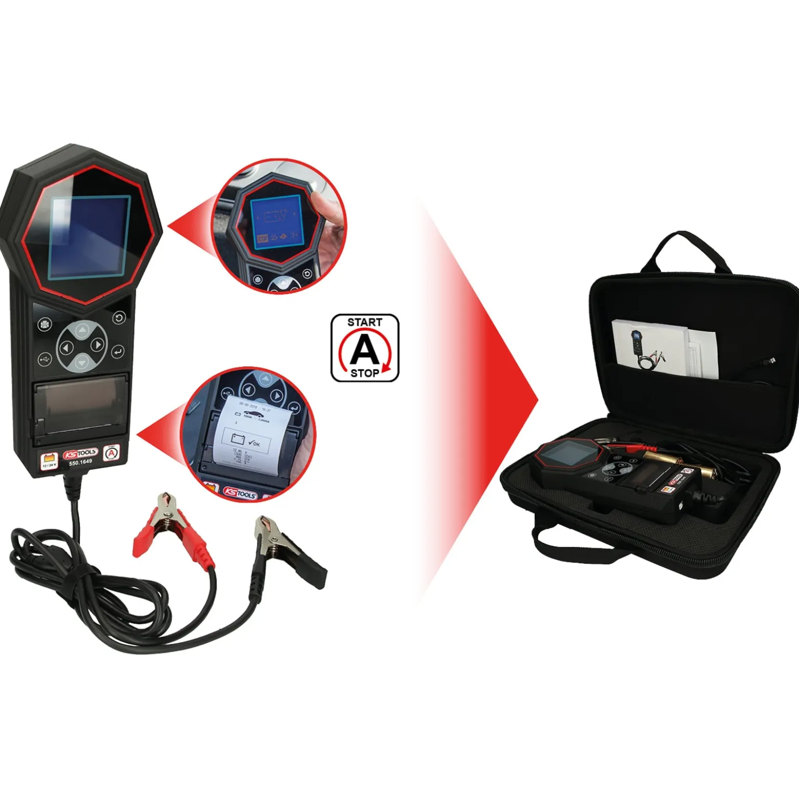 KS TOOLS 12V / 24V Digital-Batterie- und Ladesystemtester mit integriertem Drucker - 550.1649
