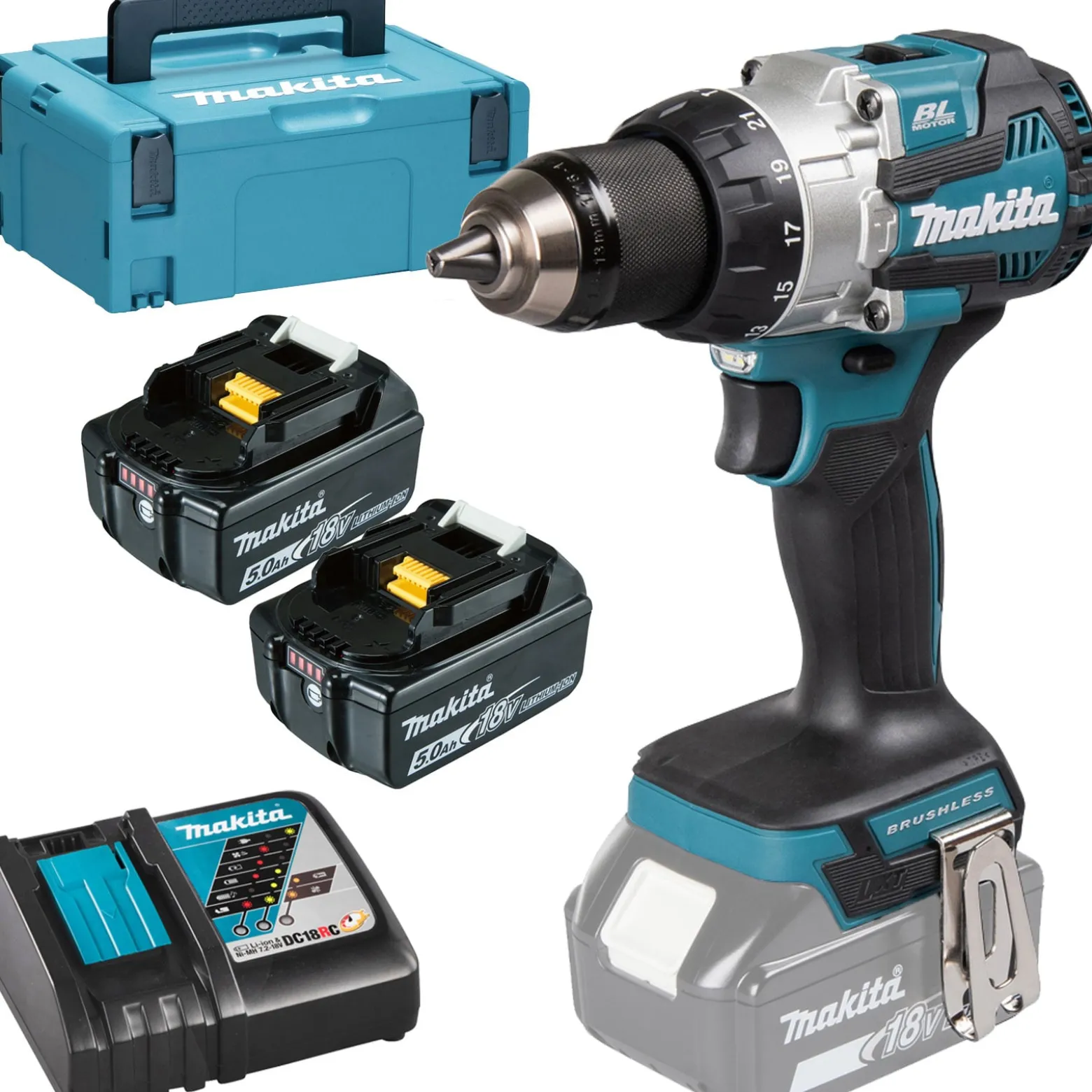 Makita DHP489RTJ Akku-Schlagbohrschrauber 18 V / 2x 5,0 Ah Akku + Ladegerät im MAKPAC
