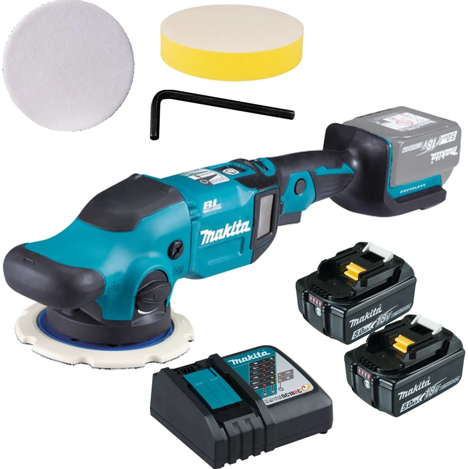 Makita DPO600TKX1 Akku-Exzenterpolierer 18 V / 2x 5,0 Ah Akku + Ladegerät inkl. Zubehör