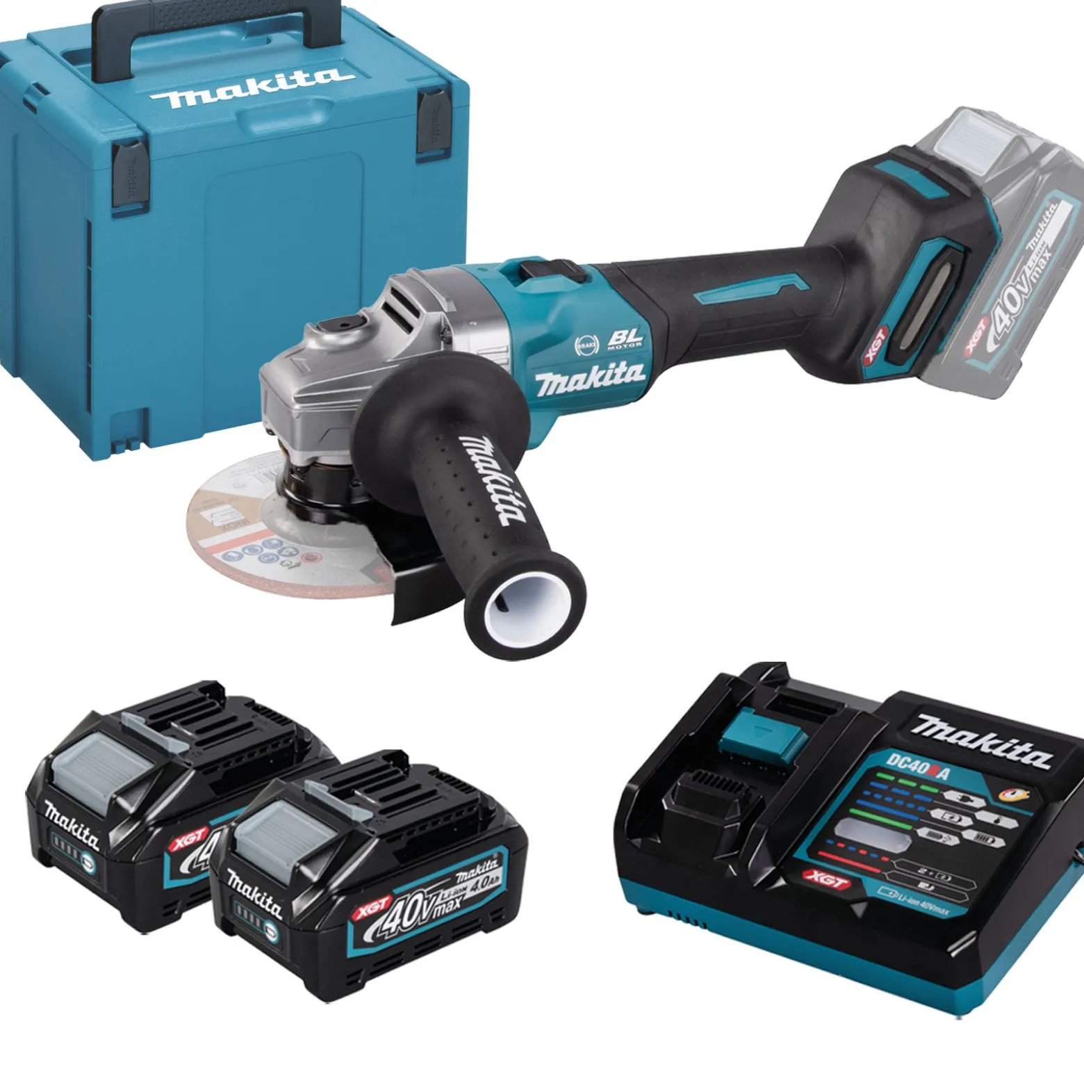Makita GA005GM201 Akku-Winkelschleifer XGT Ø 125 mm 40 V max. / 2x 4,0 Ah Akku + Ladegerät in MAKPAC