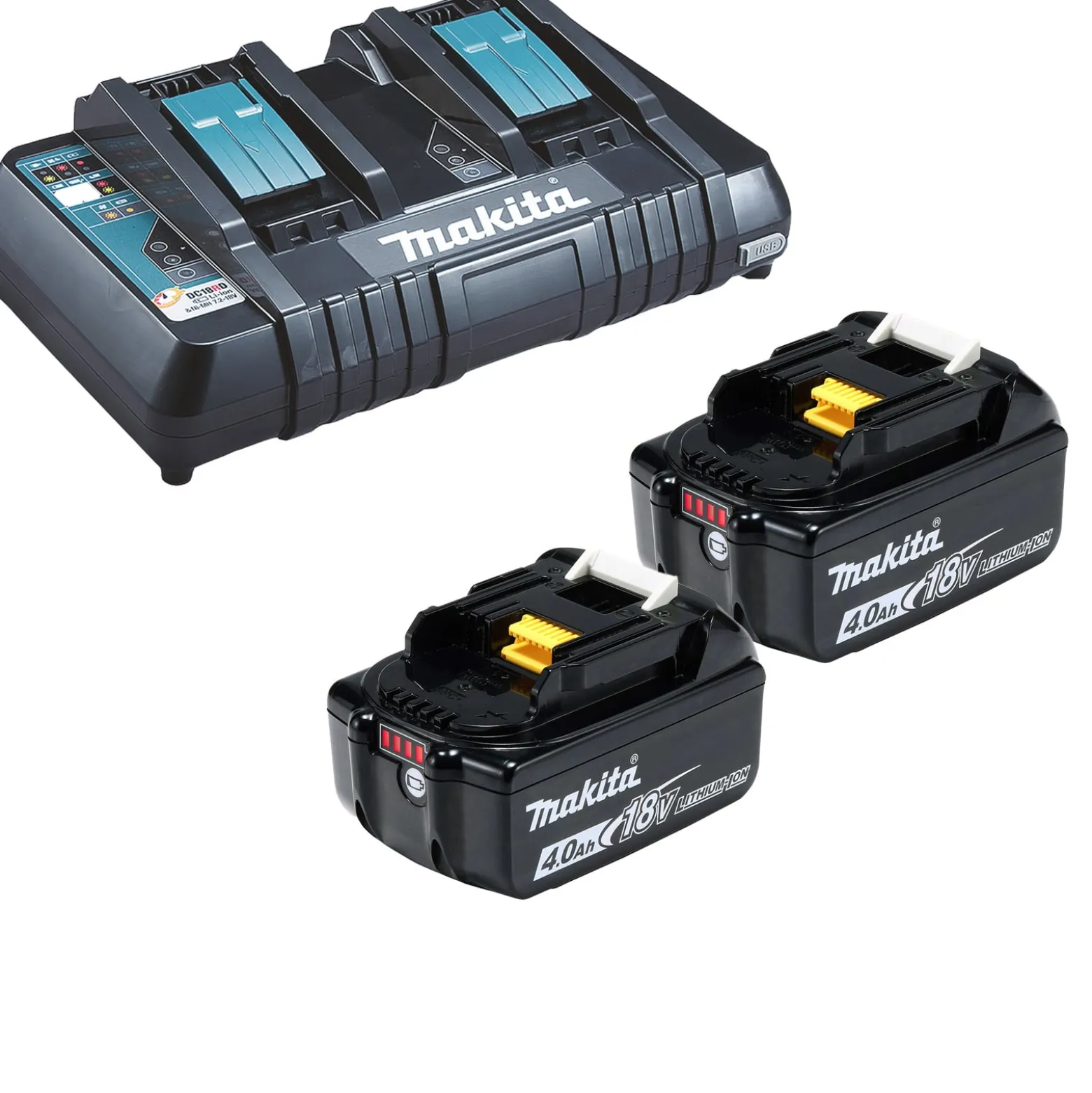 Makita 2x BL1840B Akku 4,0 Ah 18V Li-Ion + DC18RD Doppelschnellladegerät - DC18RD-BL1840-2x
