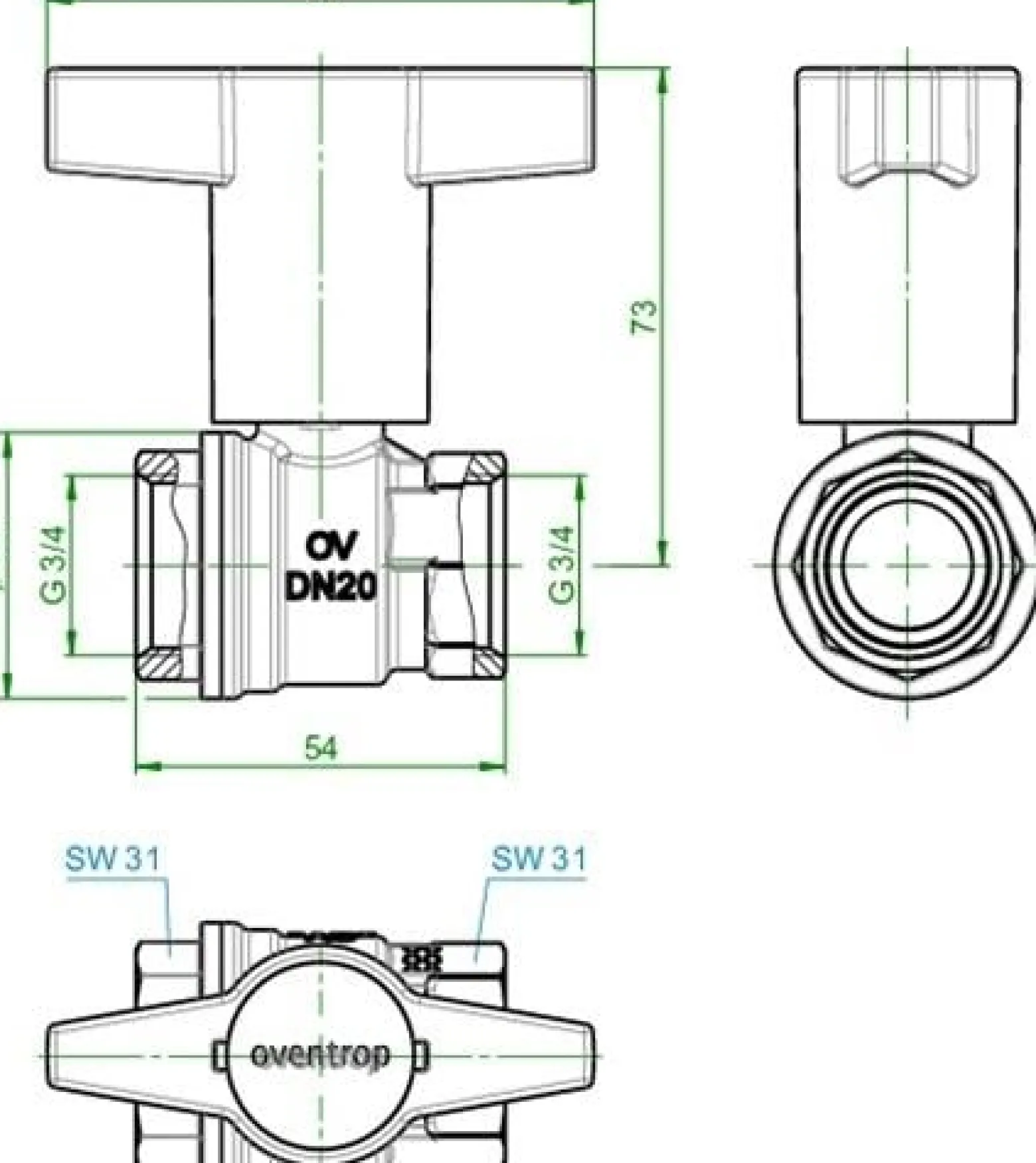 OV Knebelgriff-Kugelhahn Optibal PN 16, Messing DN 20, 3/4Z IG