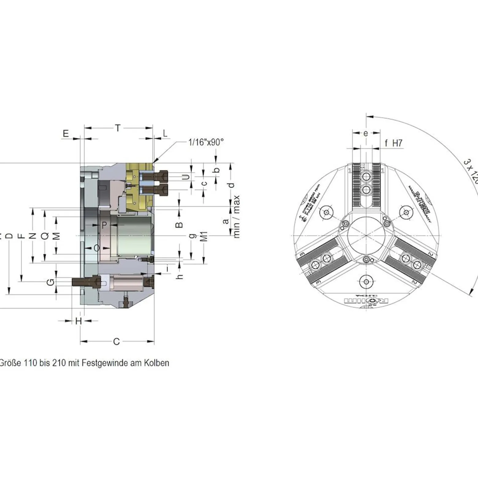 Röhm Kraftspannfutter DURO-A 135 Spitzverzahnung 90° Zylindrische Zentrieraufnahme - ZA 115 - 183701