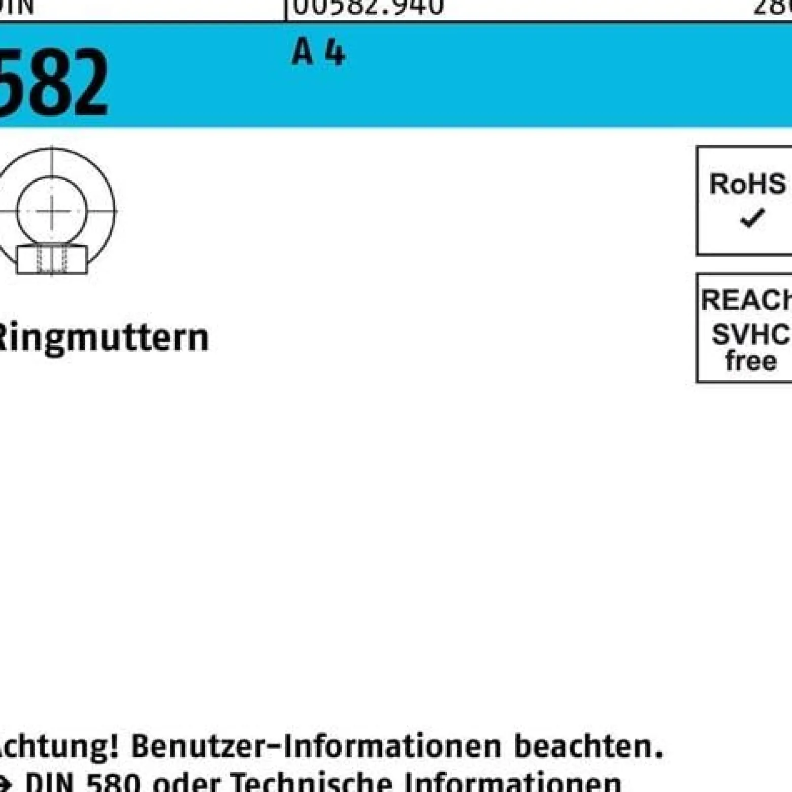 Ringmutter DIN 582 M 12 A 4 Ohne Oberflächenangabe 10 Stück