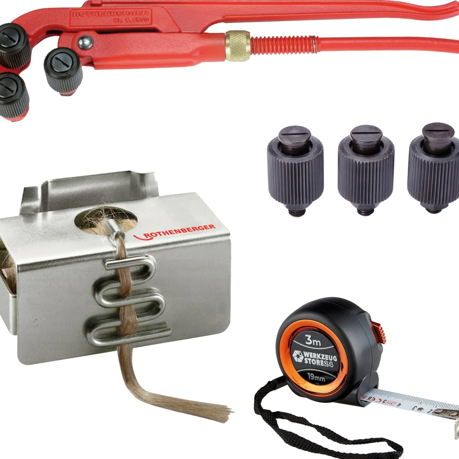 ROTHENBERGER Gewinde-Aufraugerät 3/8-2" + Hanfspule gekämmte Qualität + 3x Ersatz-Aufraurollen + Bandmaß - 56500-65081-56501-Set